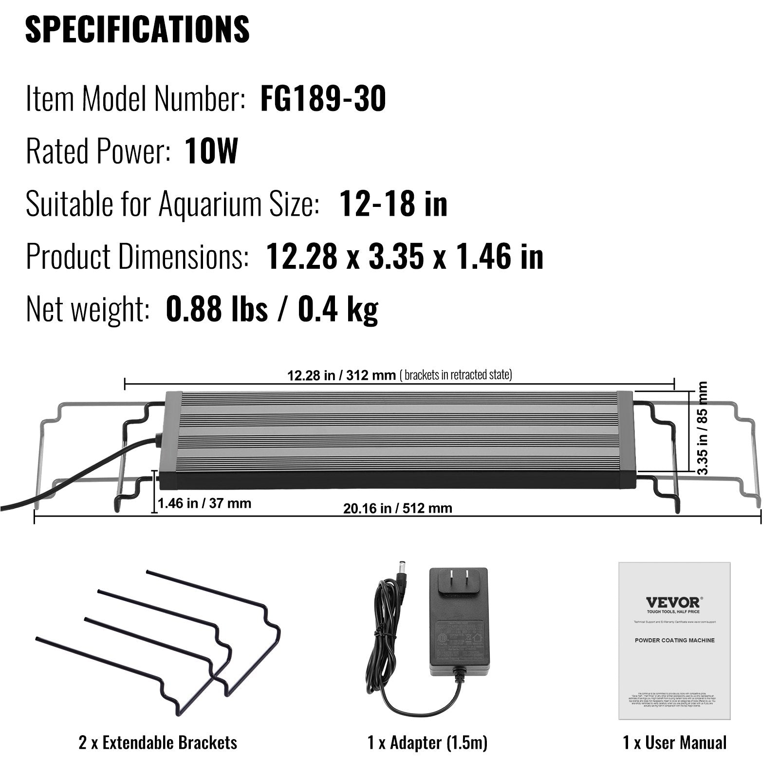 Akvariumo apšvietimas VEVOR FG189-30, 10W