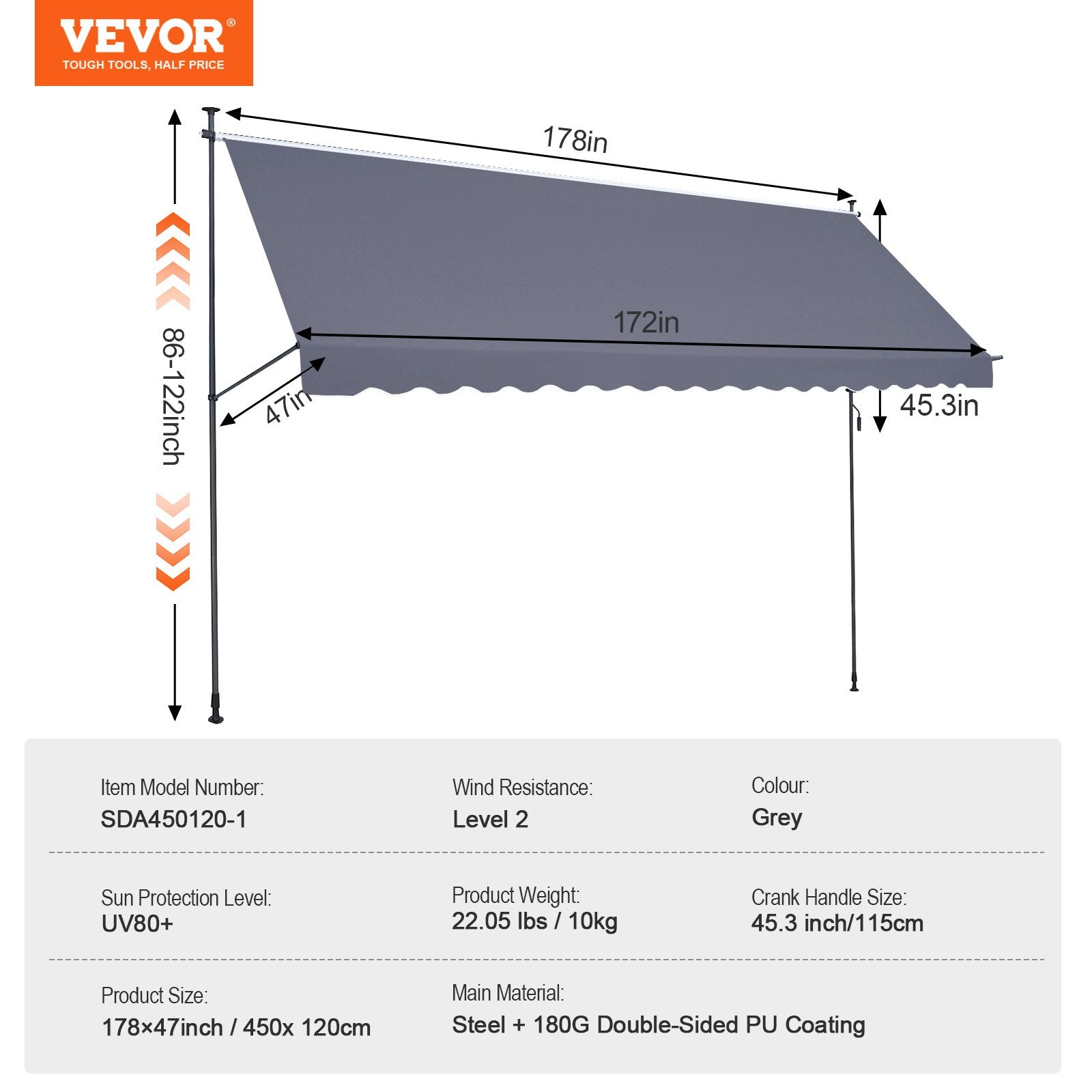 Ištraukiama markizė terasai VEVOR SDA450120-1, 450 x 120 cm