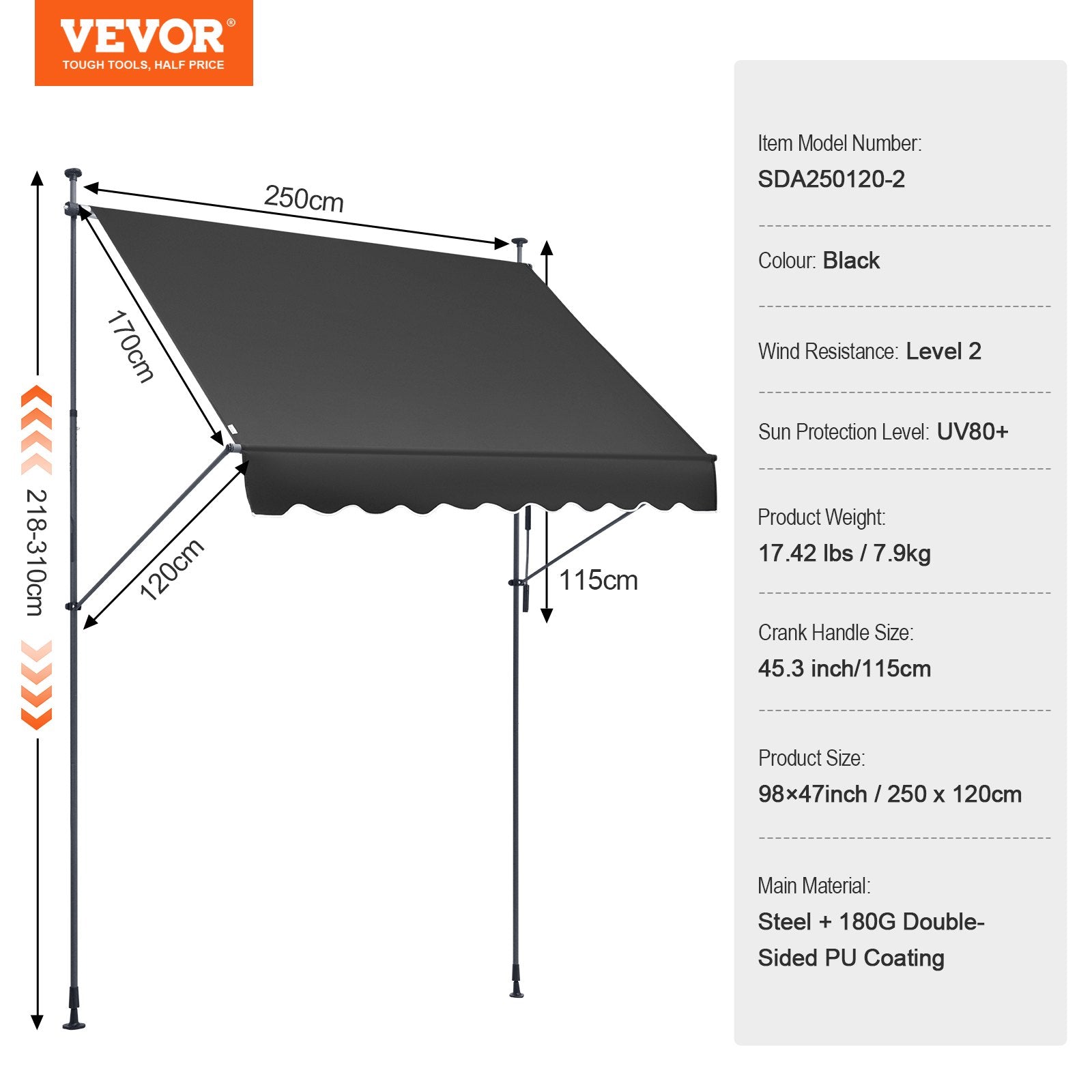 Ištraukiama markizė terasai VEVOR SDA250120-2, 250 x 120 cm