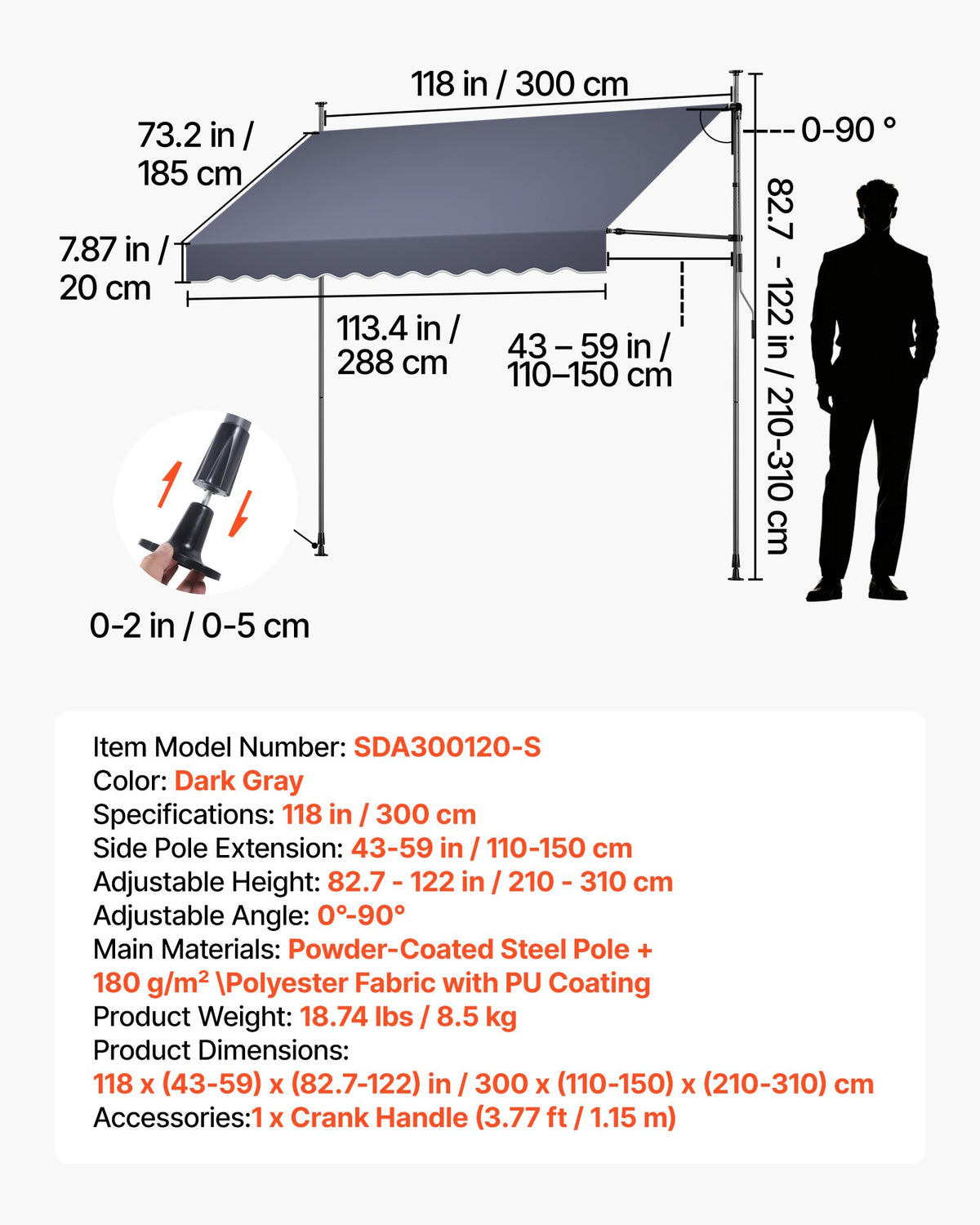 Mechaninė markizė VEVOR SDA300120-S, 300 cm