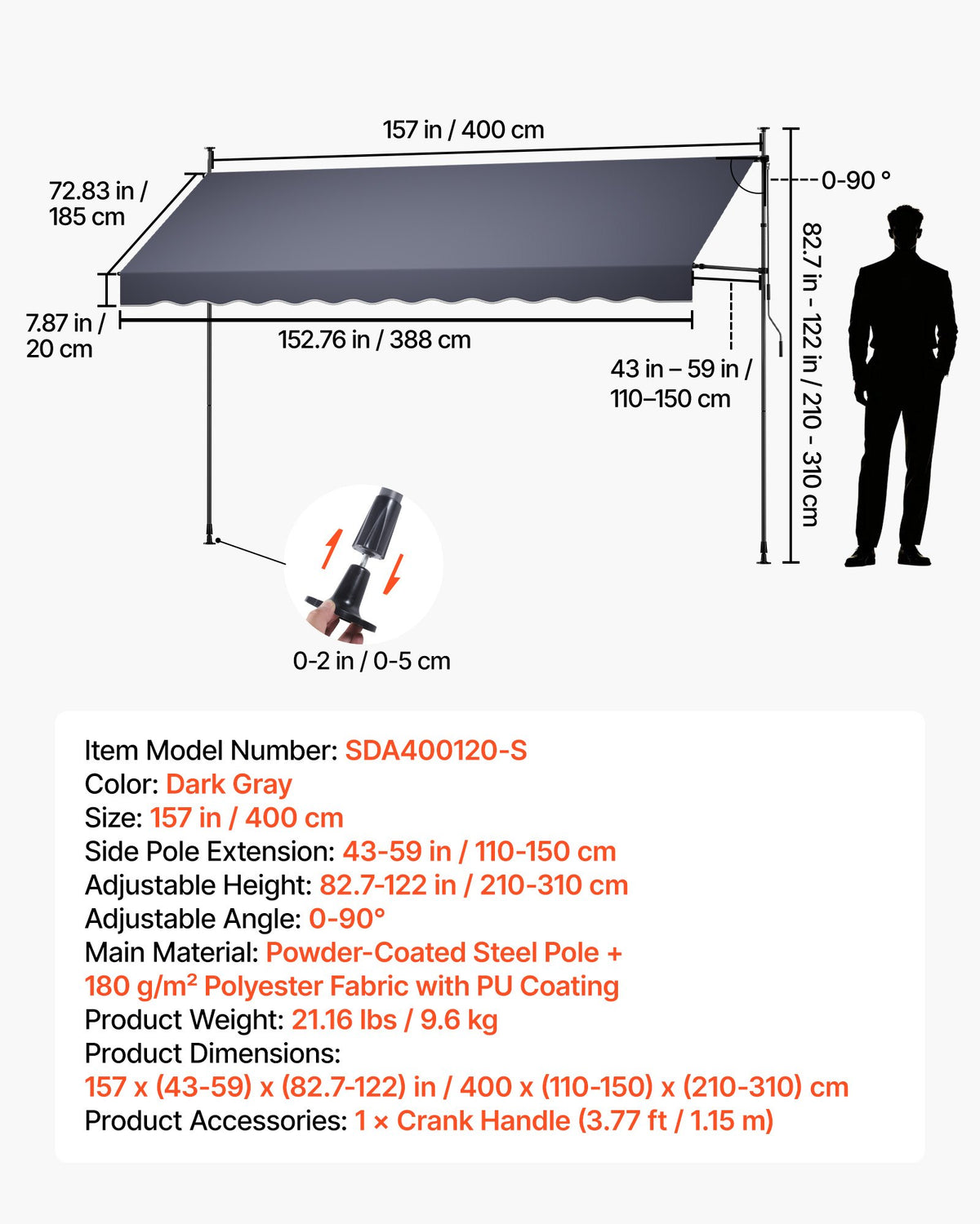 Mechaninė markizė VEVOR SDA400120-S, 400 cm pločio