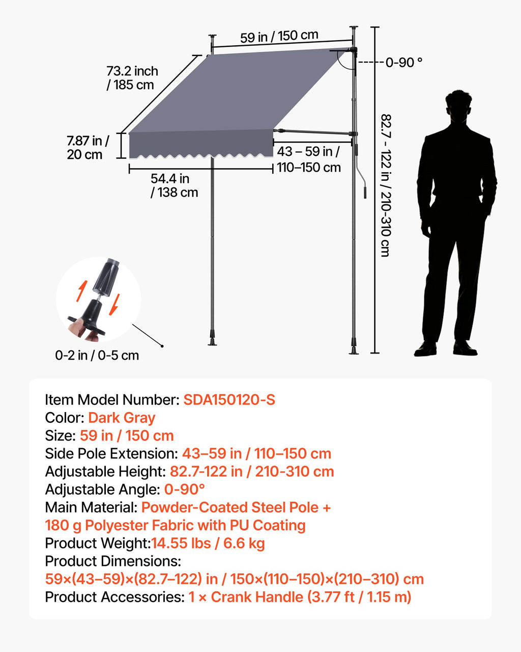 Rankinė ištraukiama markizė VEVOR SDA150120-S, 150 cm pločio