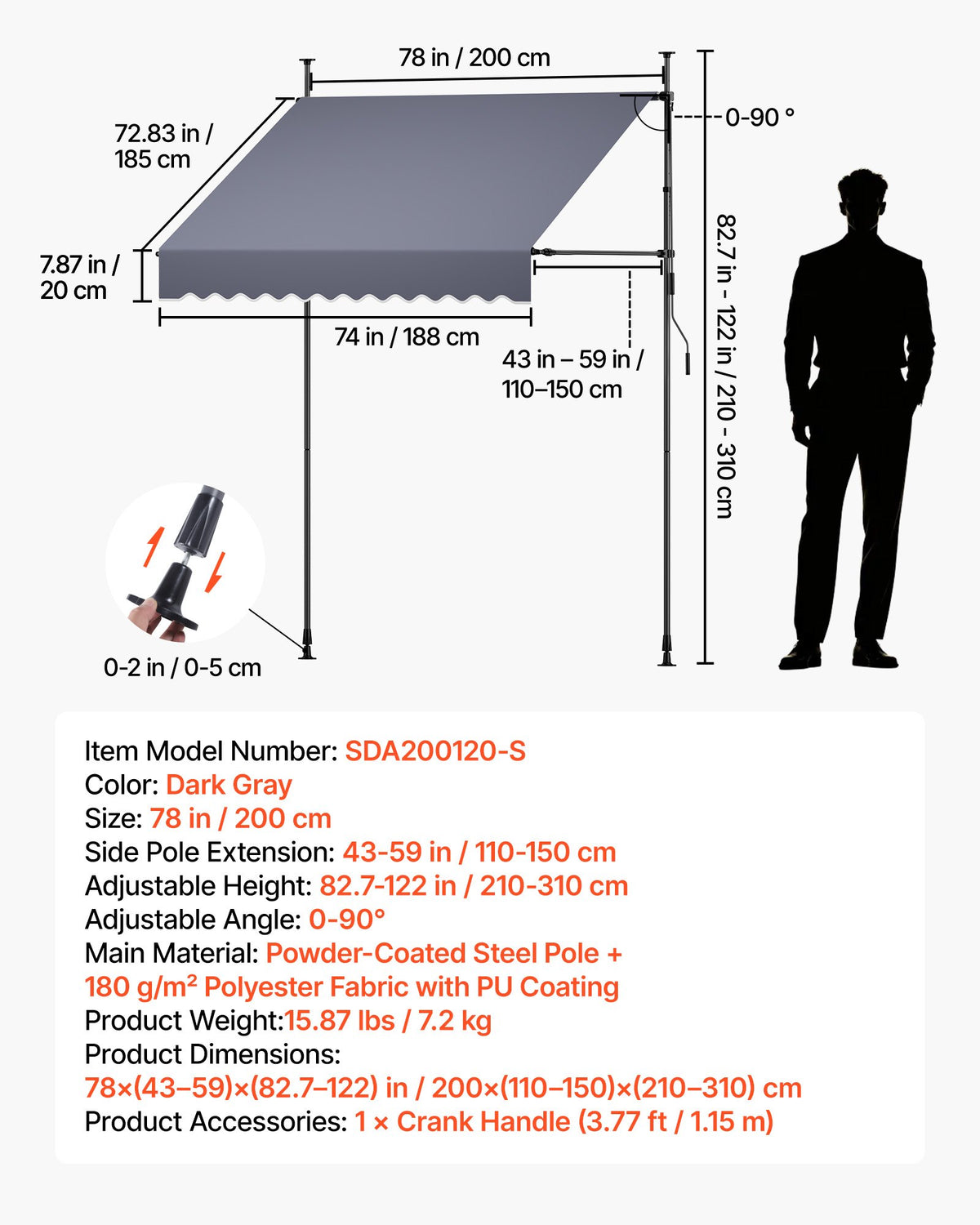 Rankinė ištraukiama markizė VEVOR SDA200120-S, 200 cm