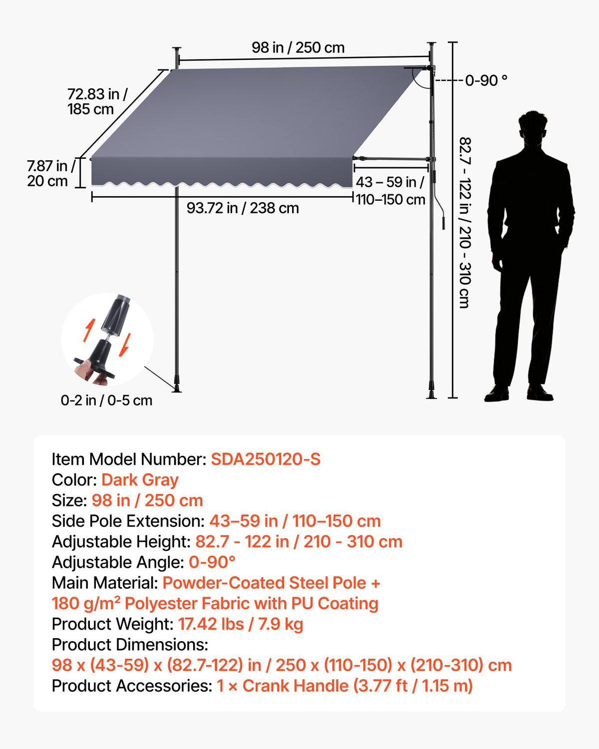 Mechaninė markizė VEVOR SDA250120-S, 250 cm