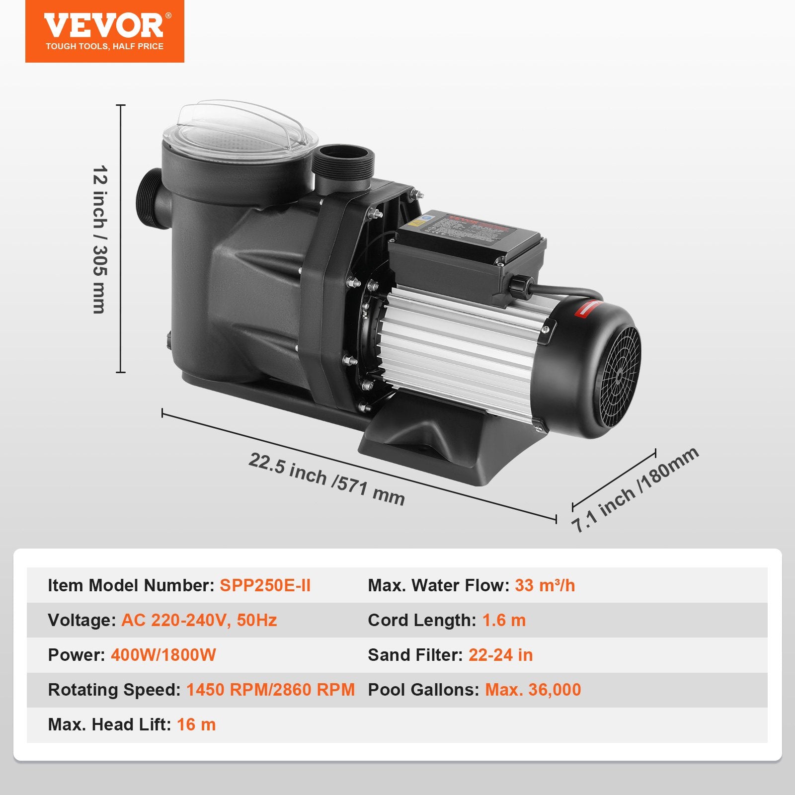 Antžeminių baseinų siurblys VEVOR SPP250E-II, 1500 W, 33000 l/val.