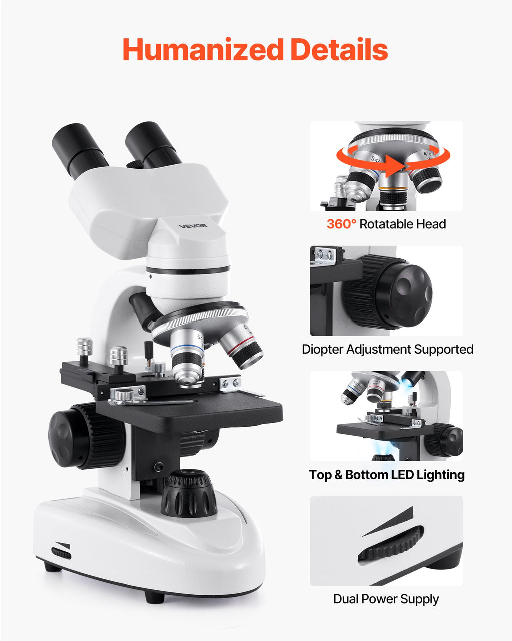 Binokulinis mikroskopas VEVOR H-20A, 40-2000x padidinimas