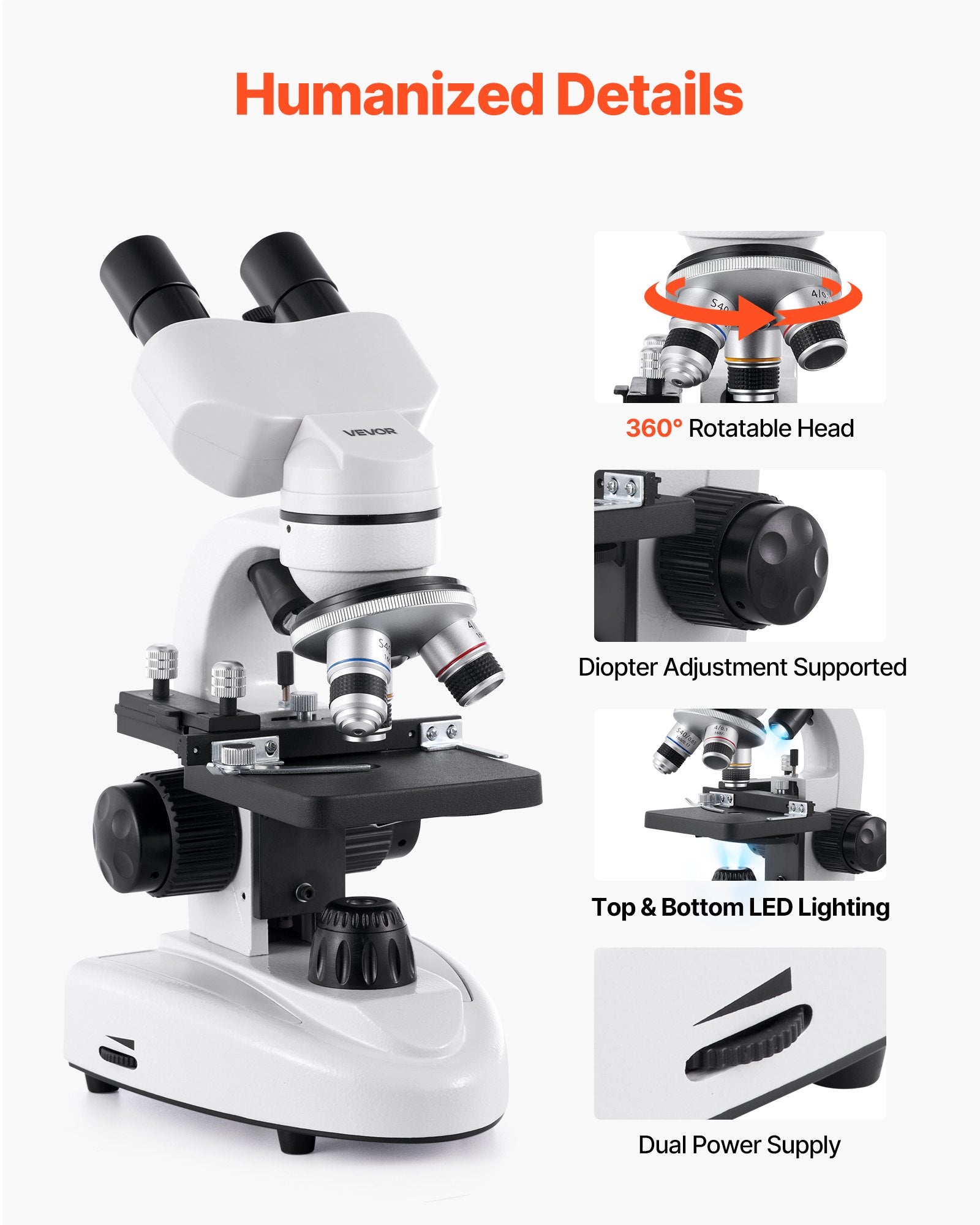 Binokulinis mikroskopas VEVOR H-20A, 40-2000x padidinimas