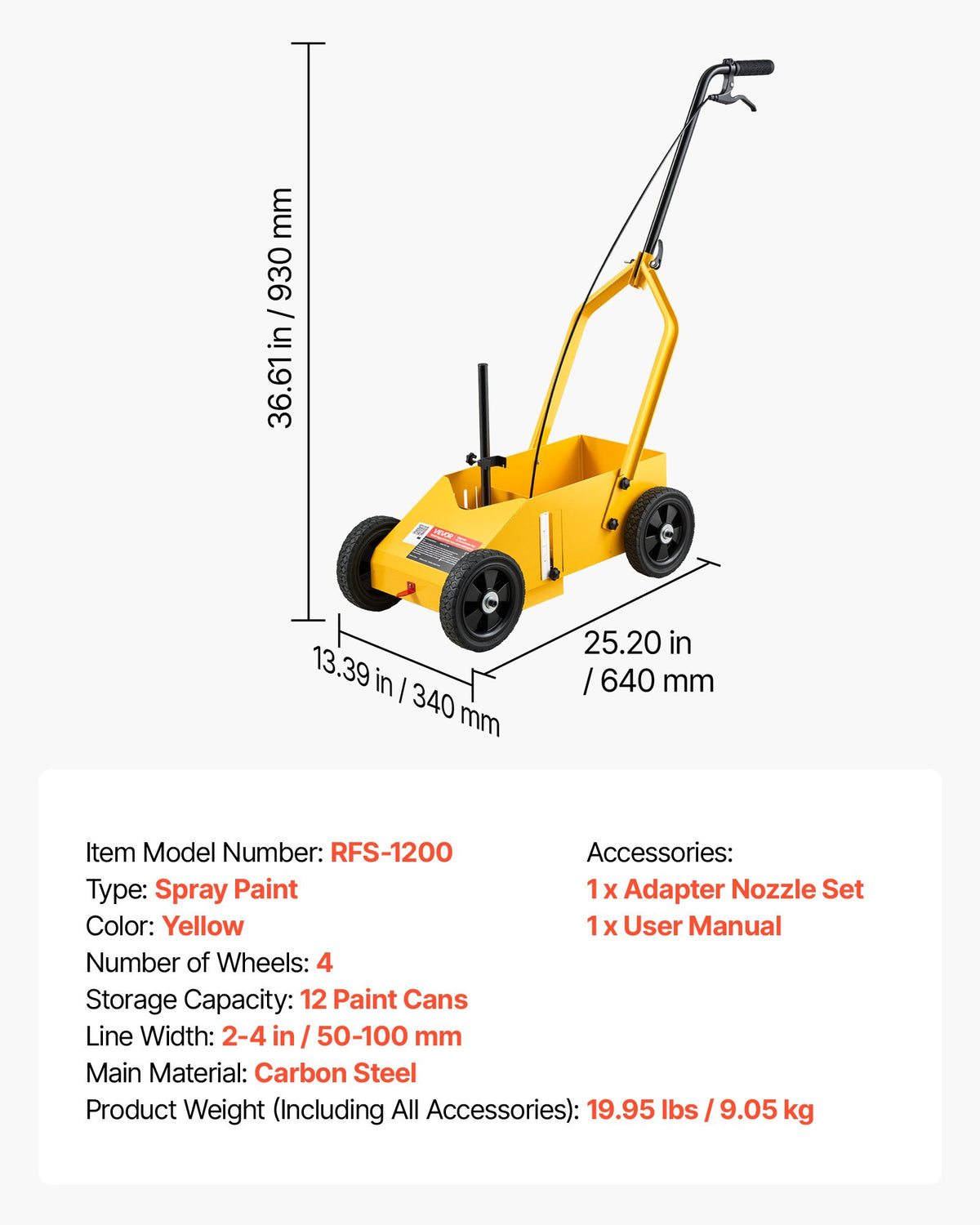 Linijų žymėjimo mašina VEVOR RFS-1200, 50–100 mm reguliuojamas plotis