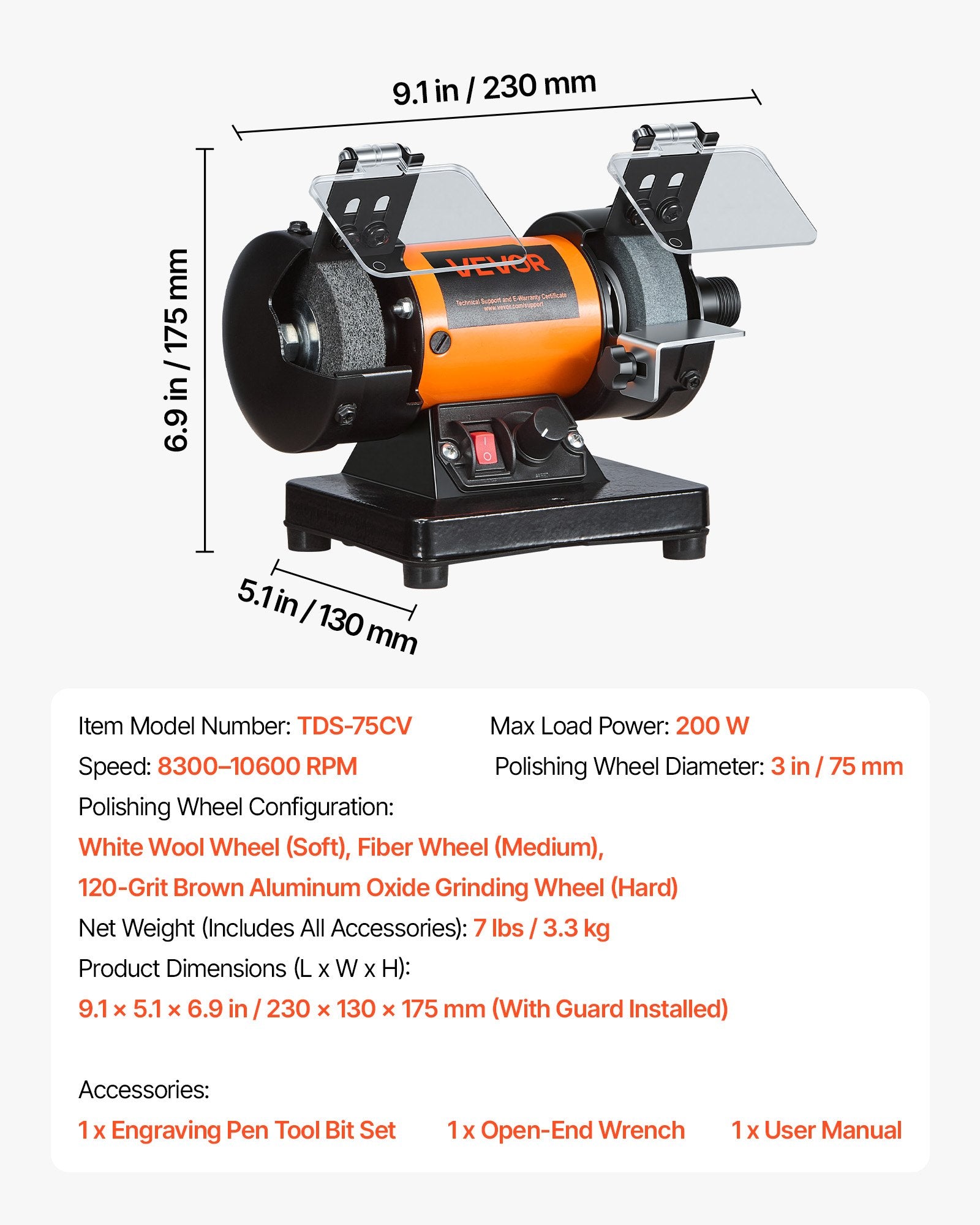 Stalinis poliruoklis VEVOR TDS-75CV, 200 W