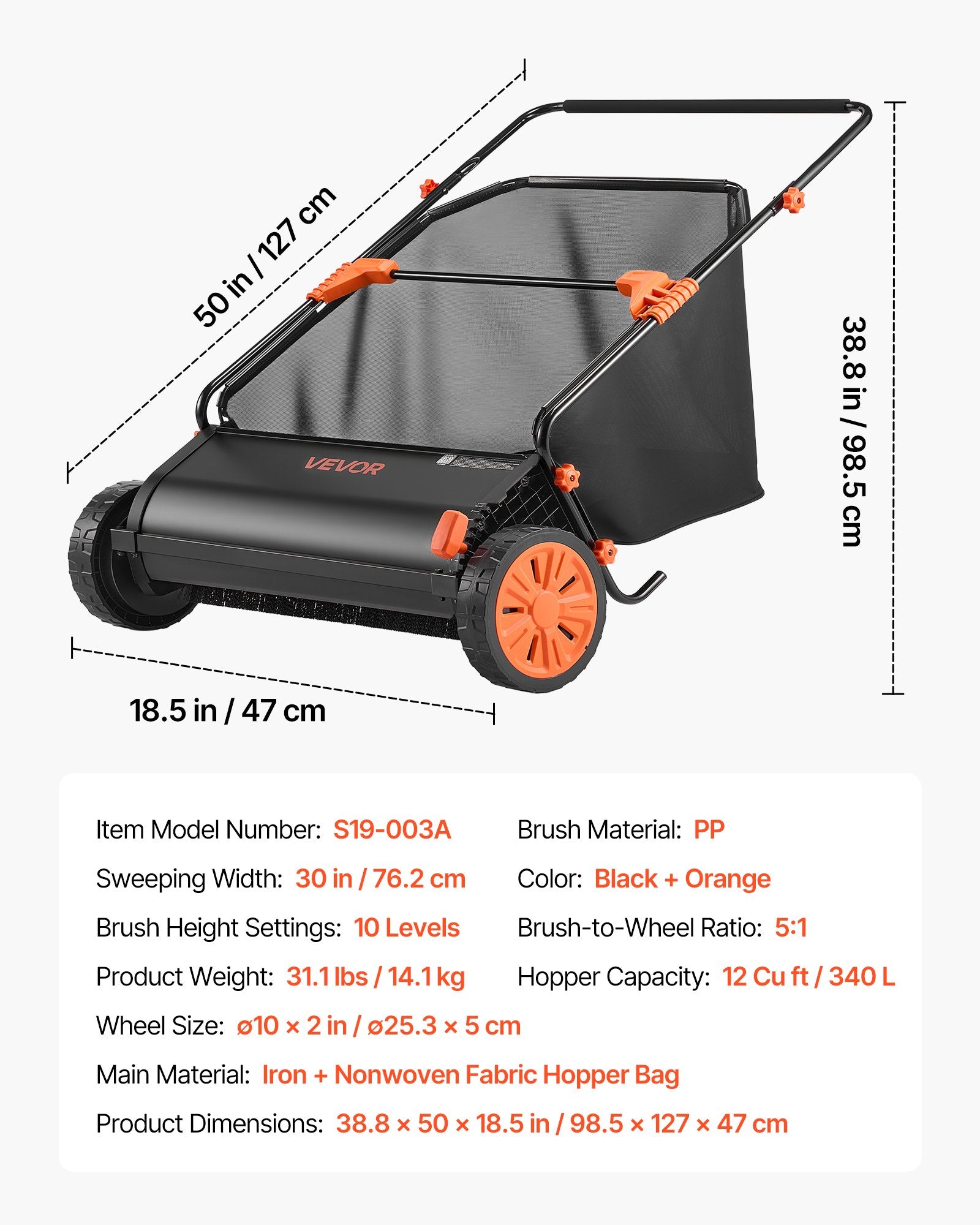 Mechaninė vejos šluota VEVOR S19-003A, 76,2 cm pločio