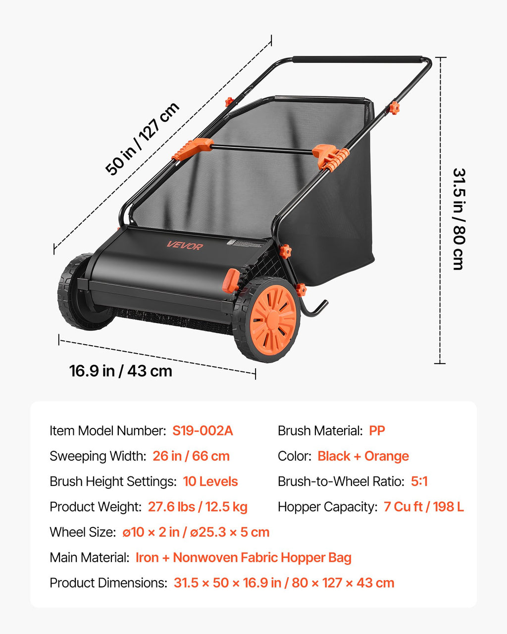 Mechaninė vejos šluota VEVOR S19-002A, 66 cm pločio