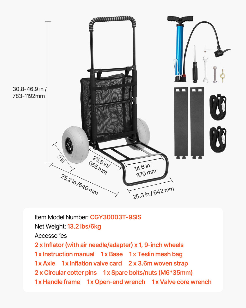 Paplūdimio vežimėlis VEVOR CGY30003T-9SIS, 75 kg keliamoji galia