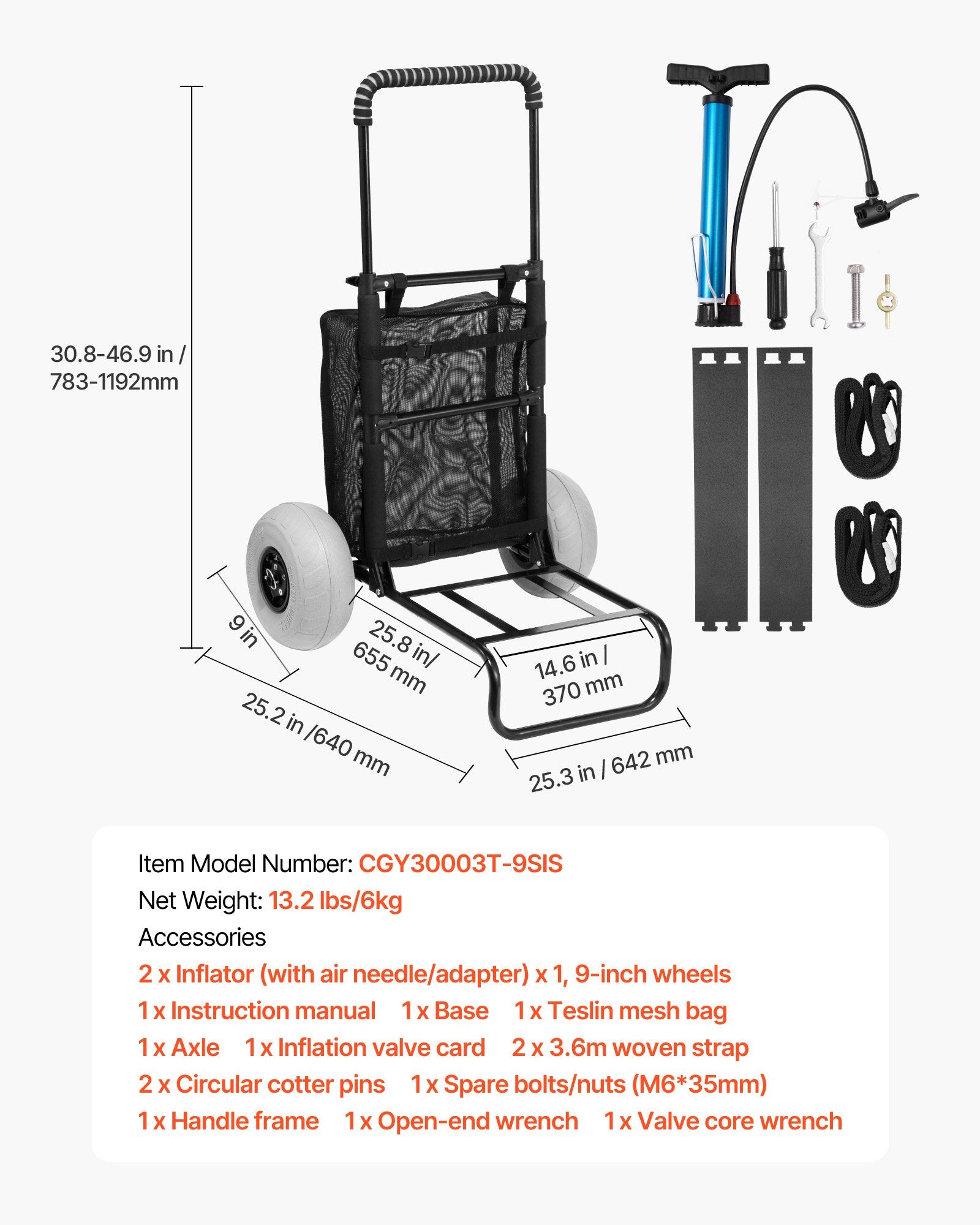 Paplūdimio vežimėlis VEVOR CGY30003T-9SIS, 75 kg keliamoji galia