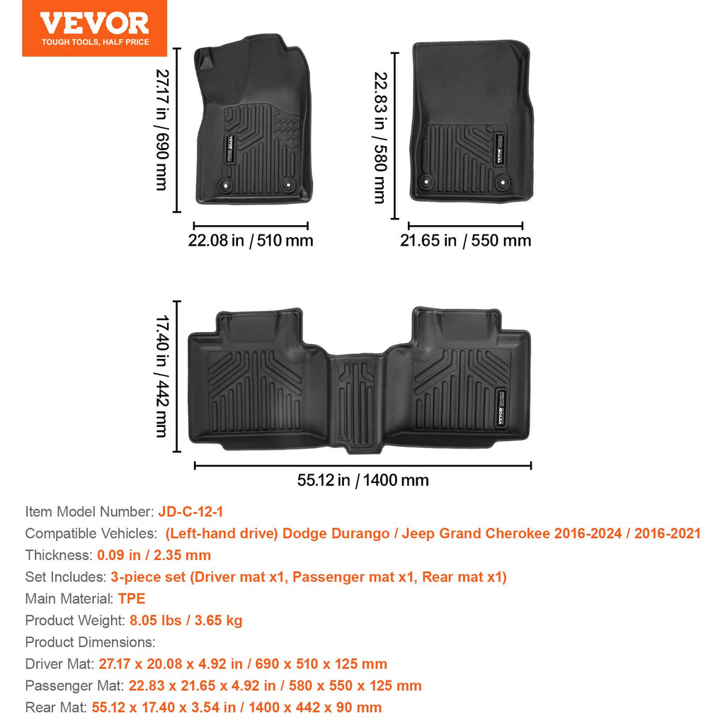 Automobiliniai kilimėliai VEVOR Dodge Durango / Jeep Grand Cherokee, TPE medžiaga