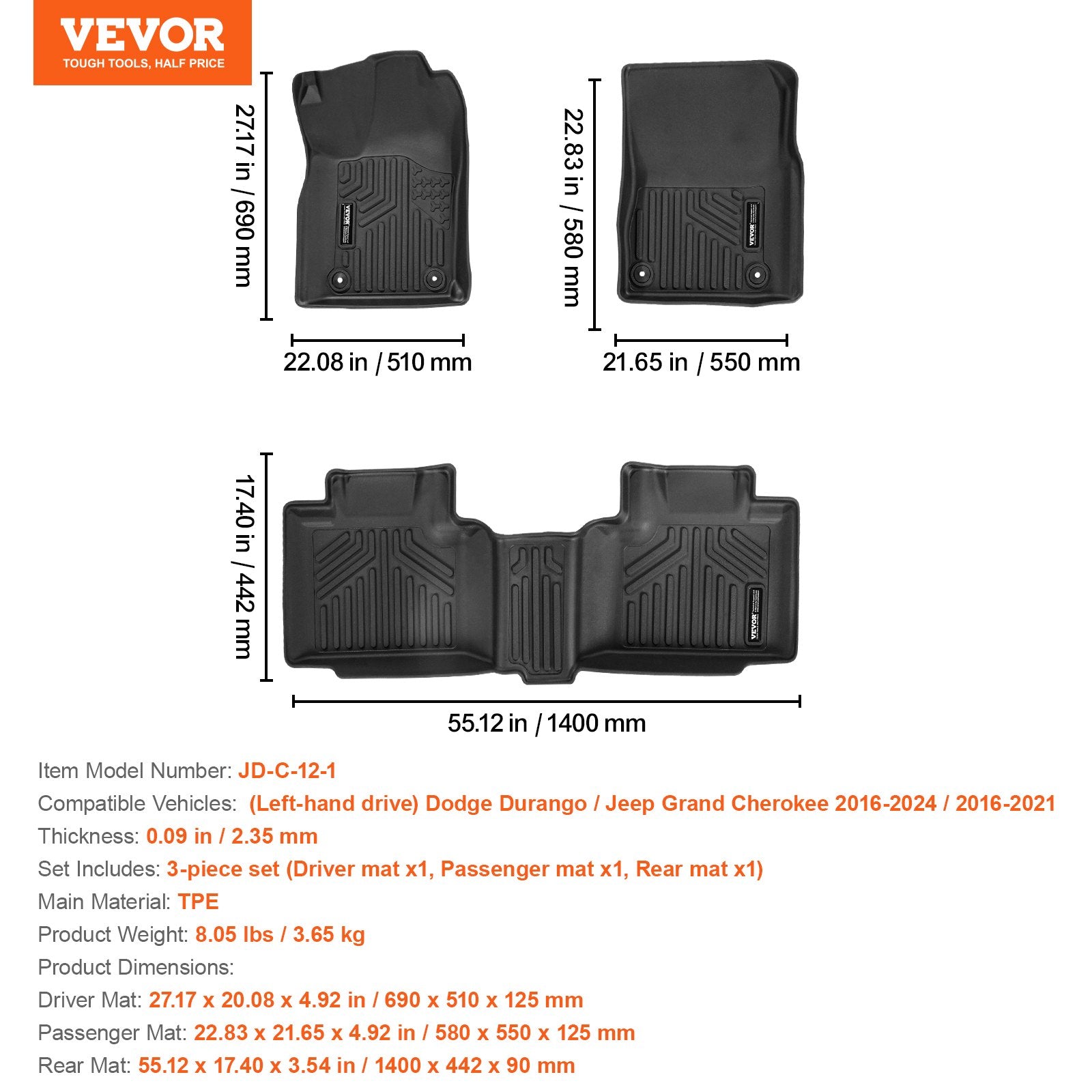 Automobiliniai kilimėliai VEVOR Dodge Durango / Jeep Grand Cherokee, TPE medžiaga