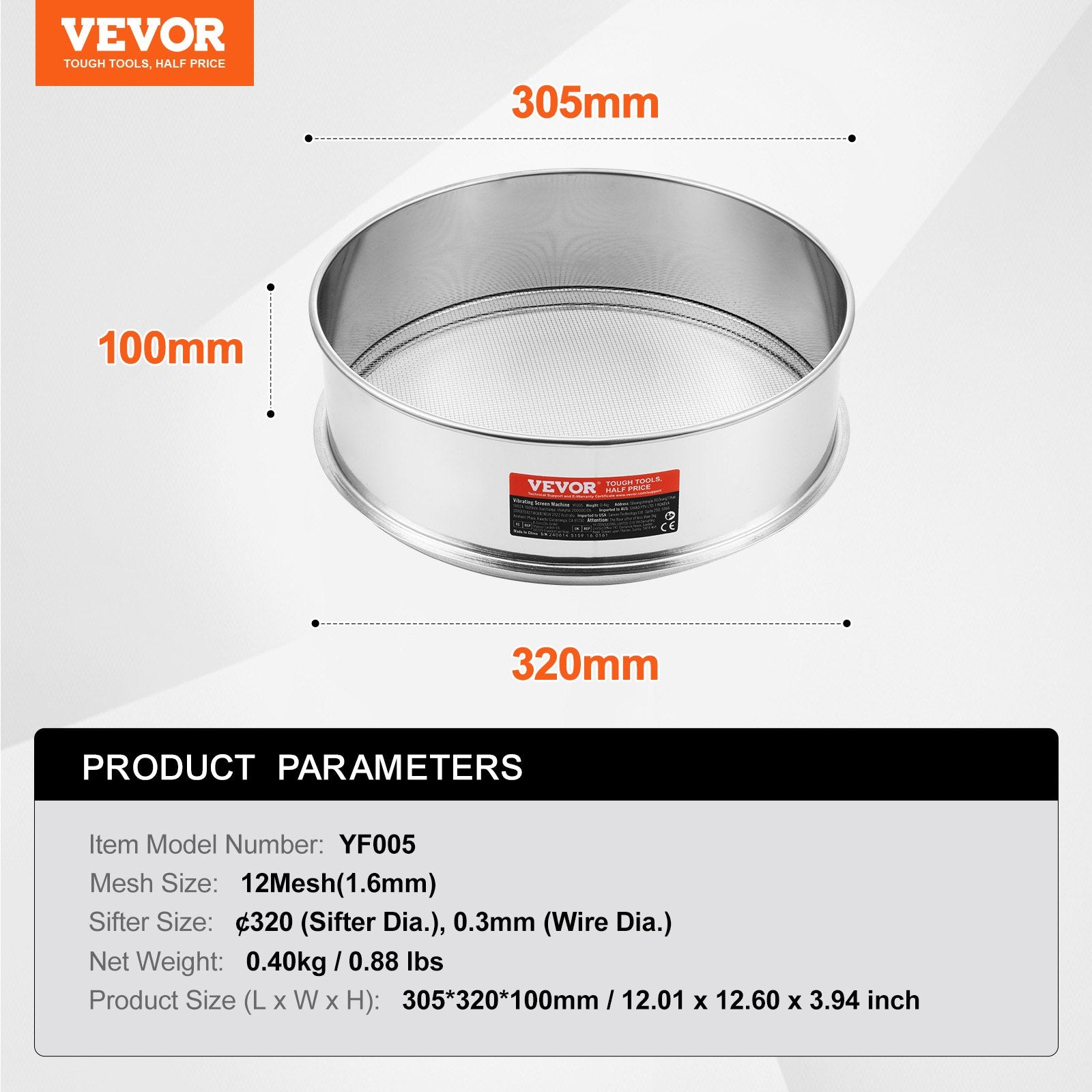 Miltų sijotuvas VEVOR YF005, 12 Mesh (1,6 mm)
