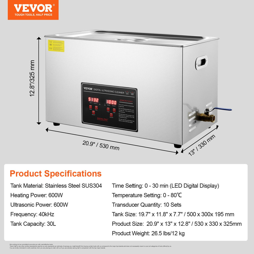 Ultragarsinė valyklė VEVOR 30L, 600W