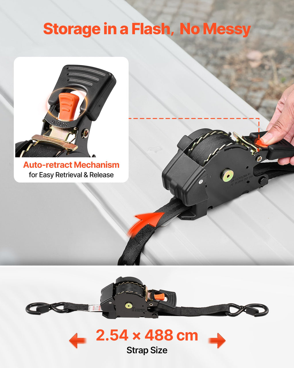 Automatiniai tvirtinimo diržai VEVOR QLR2503, 25,4 mm x 4,9 m, 700 kg