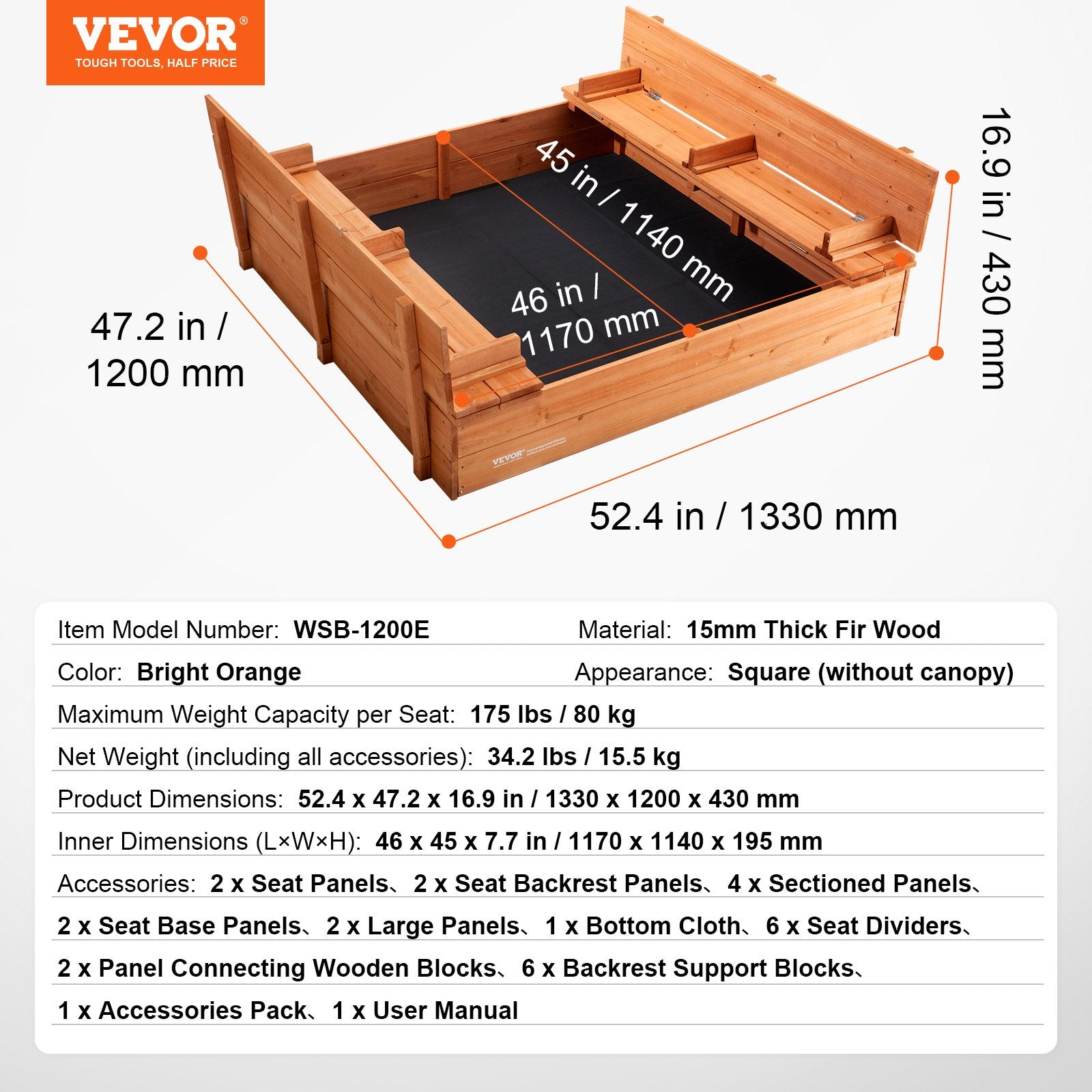 Medinė smėlio dėžė VEVOR WSB-1200E, 133 x 120 cm