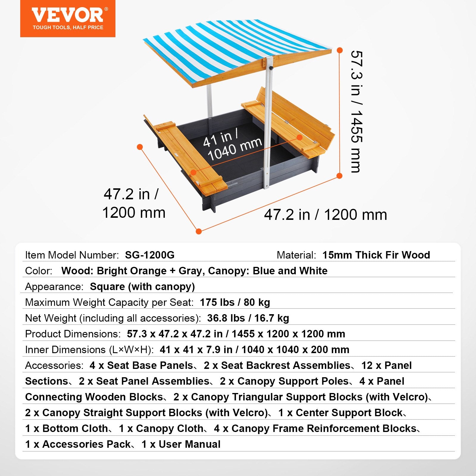 Medinė smėlio dėžė VEVOR SG-1200G, 1455 x 1200 mm