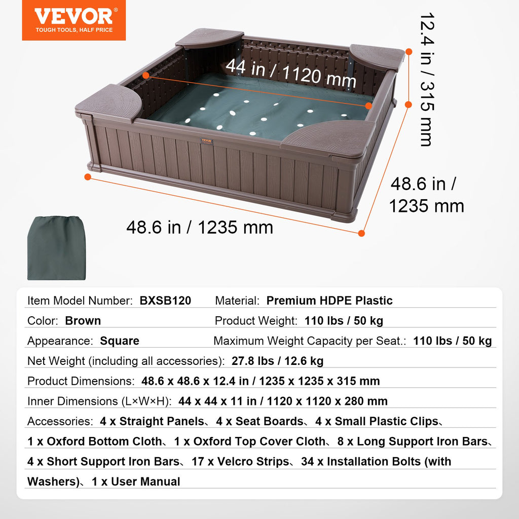 Smėlio dėžė VEVOR BXSB120, 123,5x123,5 cm