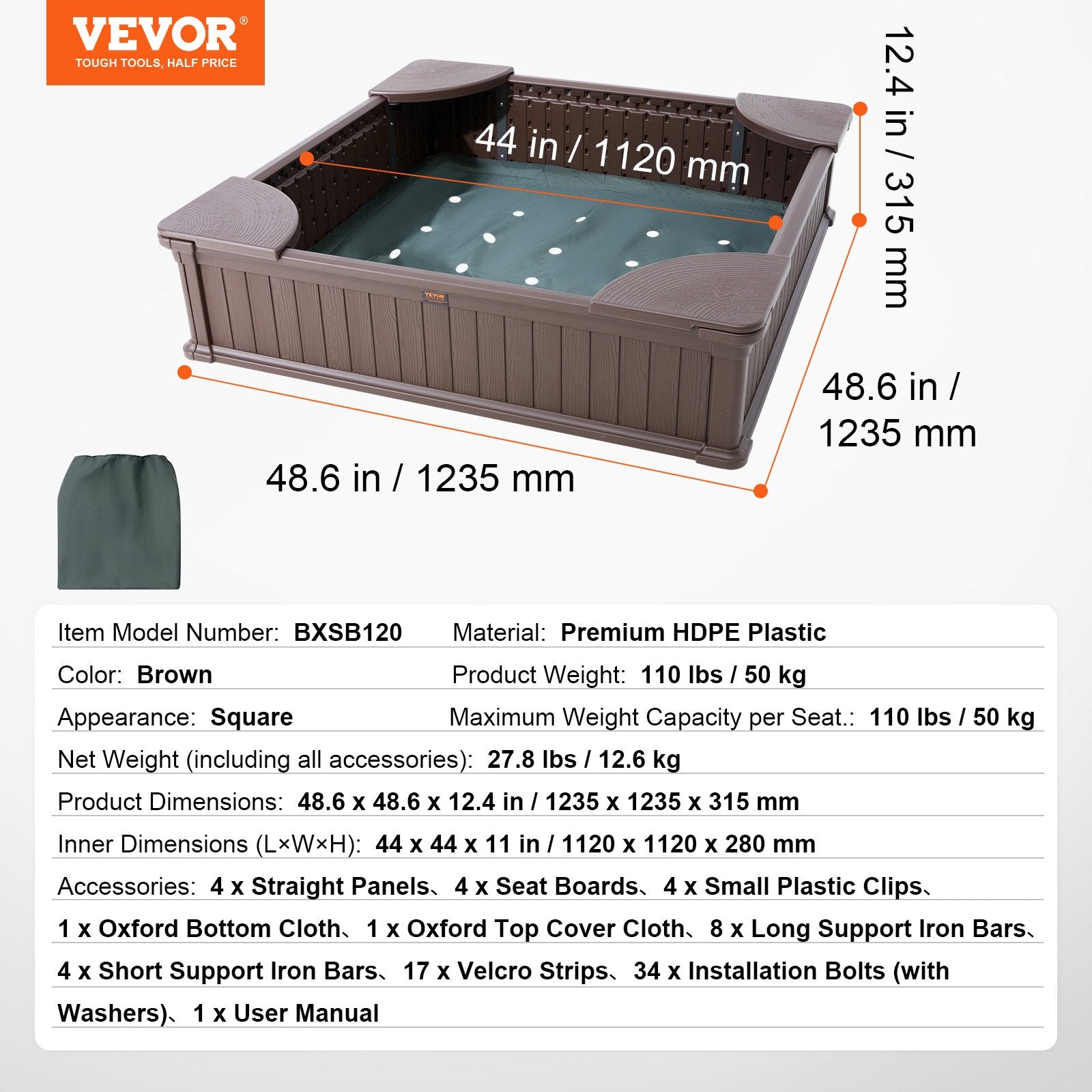 Smėlio dėžė VEVOR BXSB120, 123,5x123,5 cm