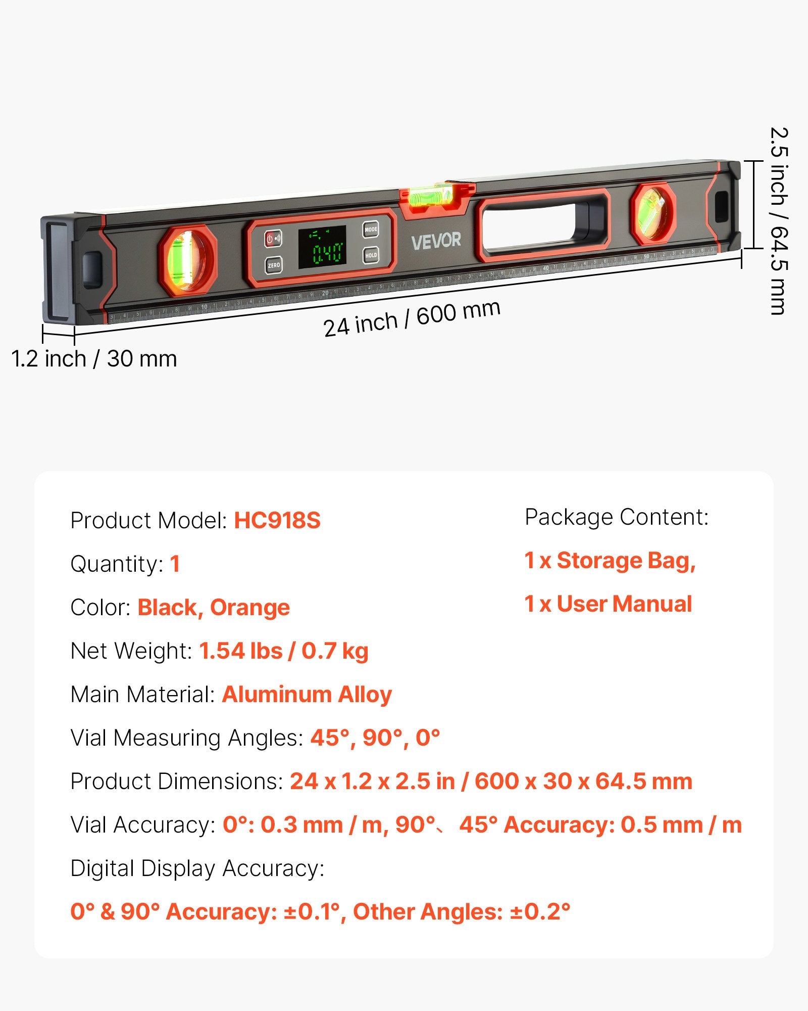 Skaitmeninis gulsčiukas VEVOR HC918S, 600 mm