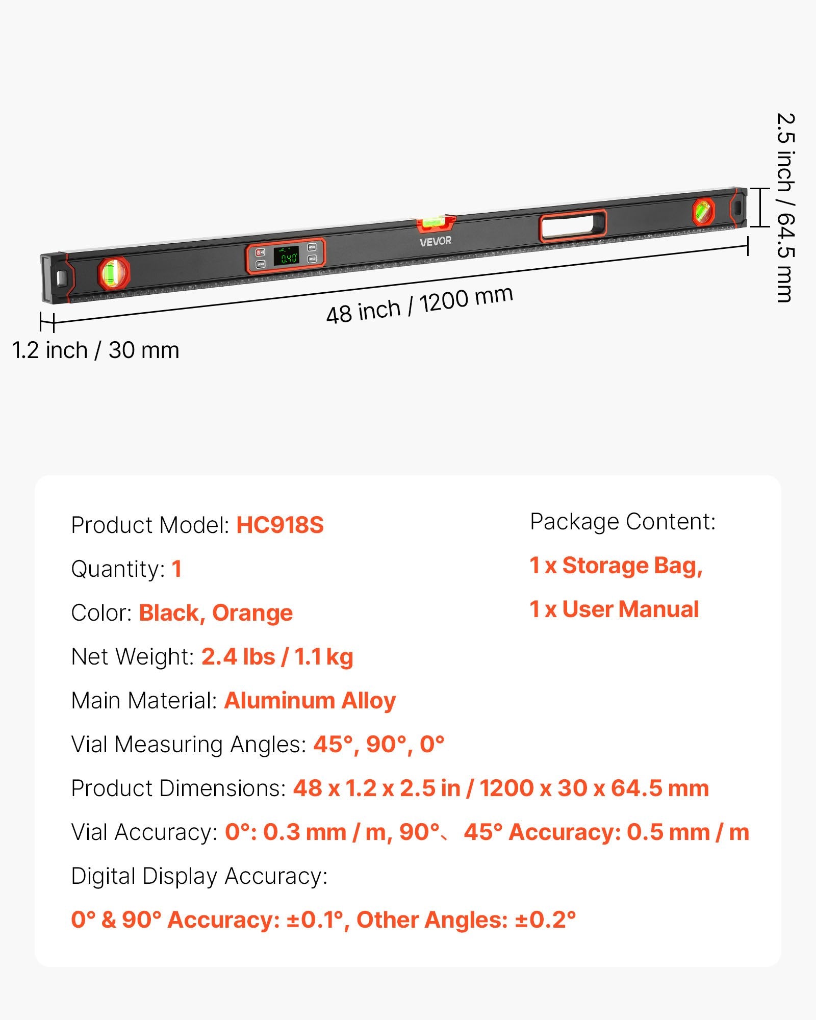 Skaitmeninis gulsčiukas VEVOR HC918S, 1200 mm