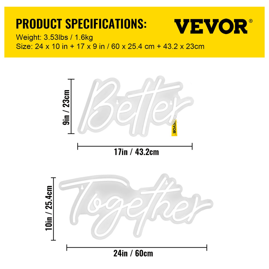 Neono užrašas VEVOR Better Together, 61 x 25,4 cm ir 43,2 x 23 cm