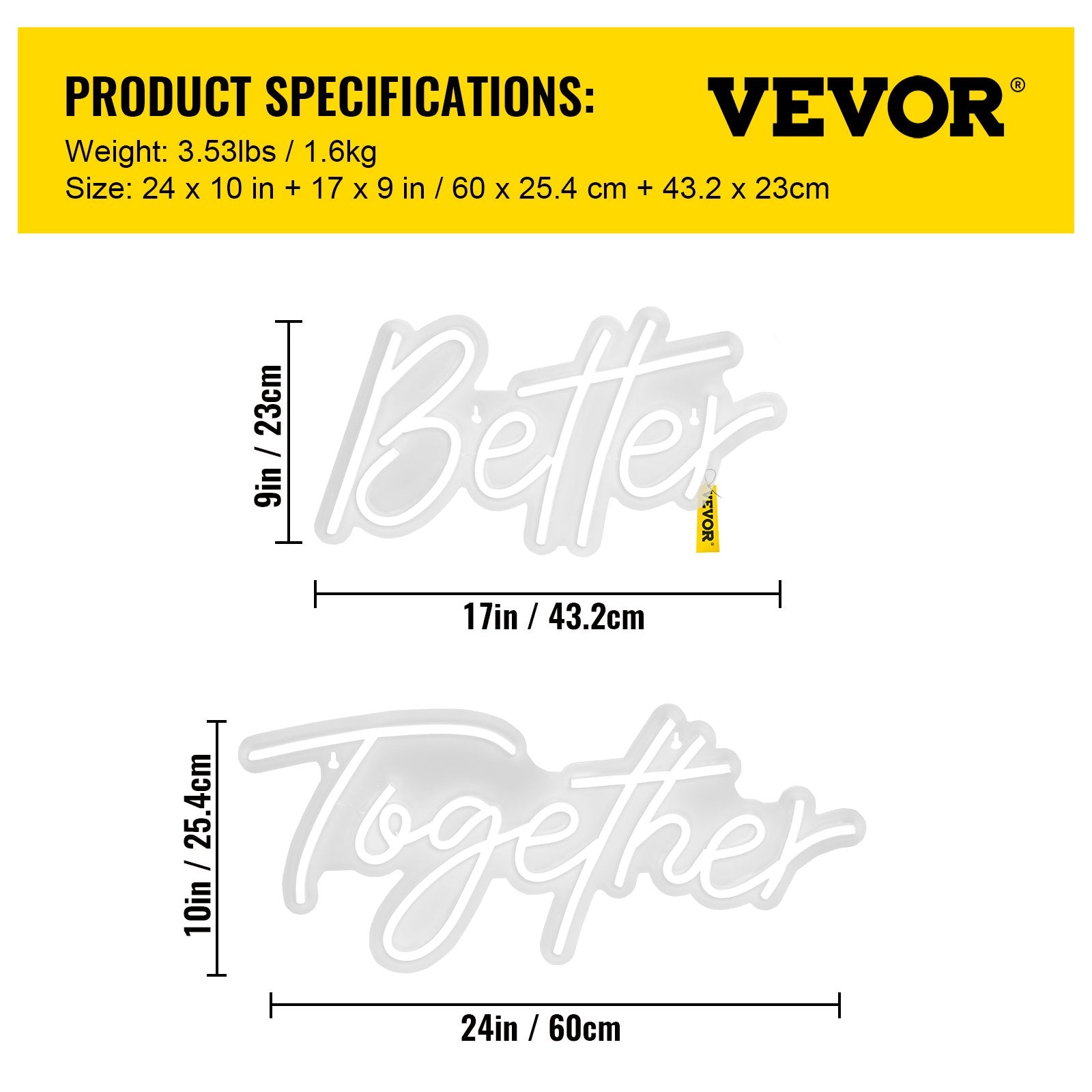 Neono užrašas VEVOR Better Together, 61 x 25,4 cm ir 43,2 x 23 cm
