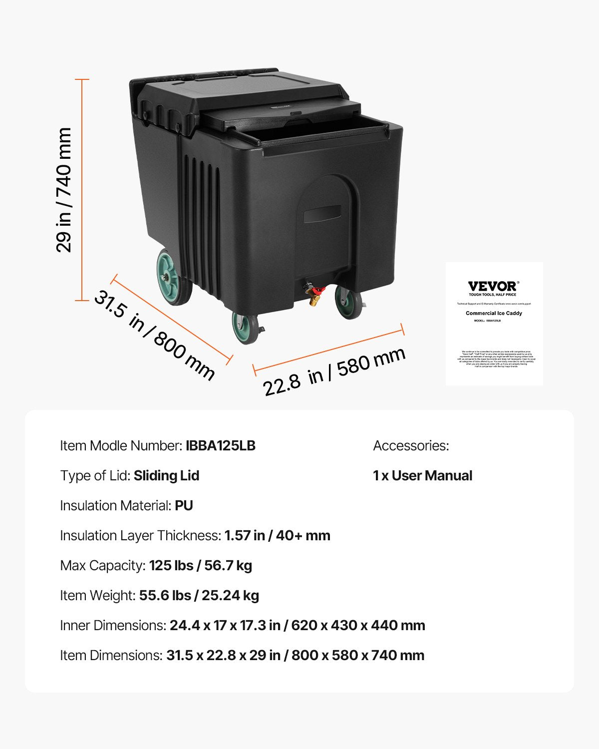 Komercinė ledo talpa VEVOR IBBA125LB, 56,7 kg talpos