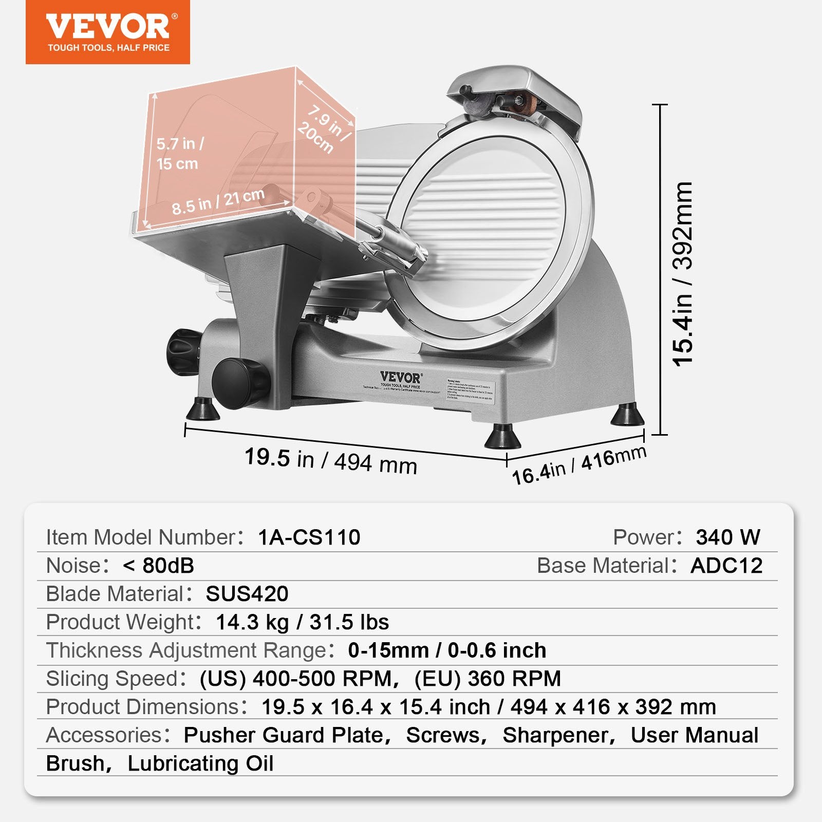 Elektrinė mėsos pjaustyklė VEVOR 1A-CS110, 340 W
