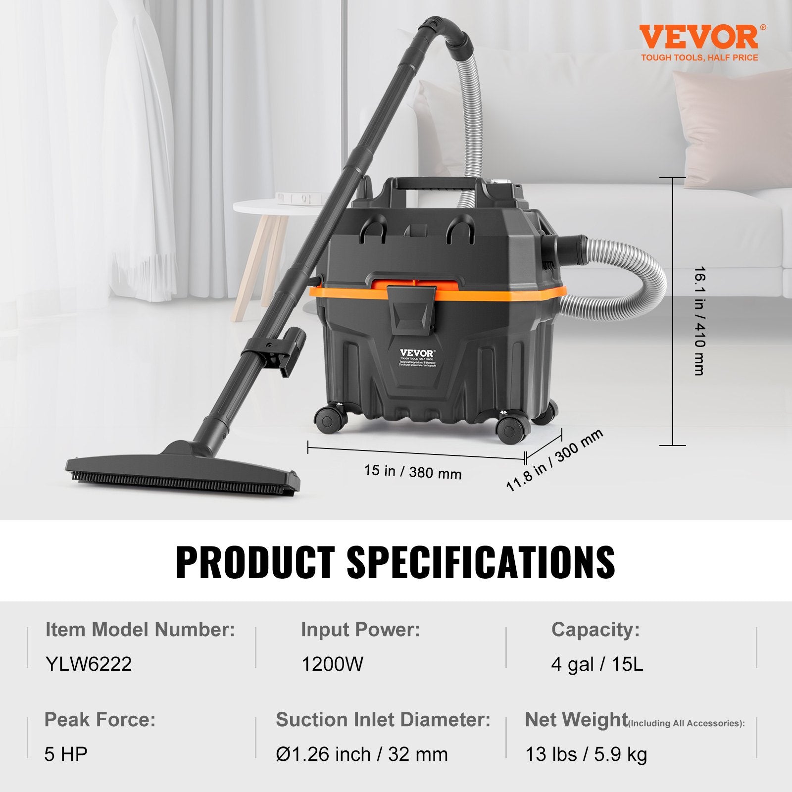 Drėgno ir sauso valymo siurblys VEVOR YLW6222, 15 l