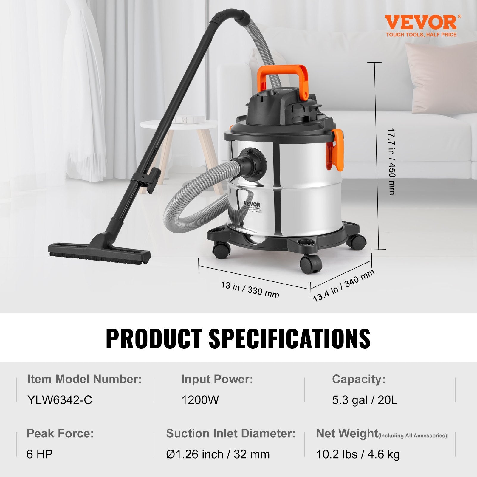 Drėgno ir sauso valymo siurblys VEVOR YLW6342-C, 20 l