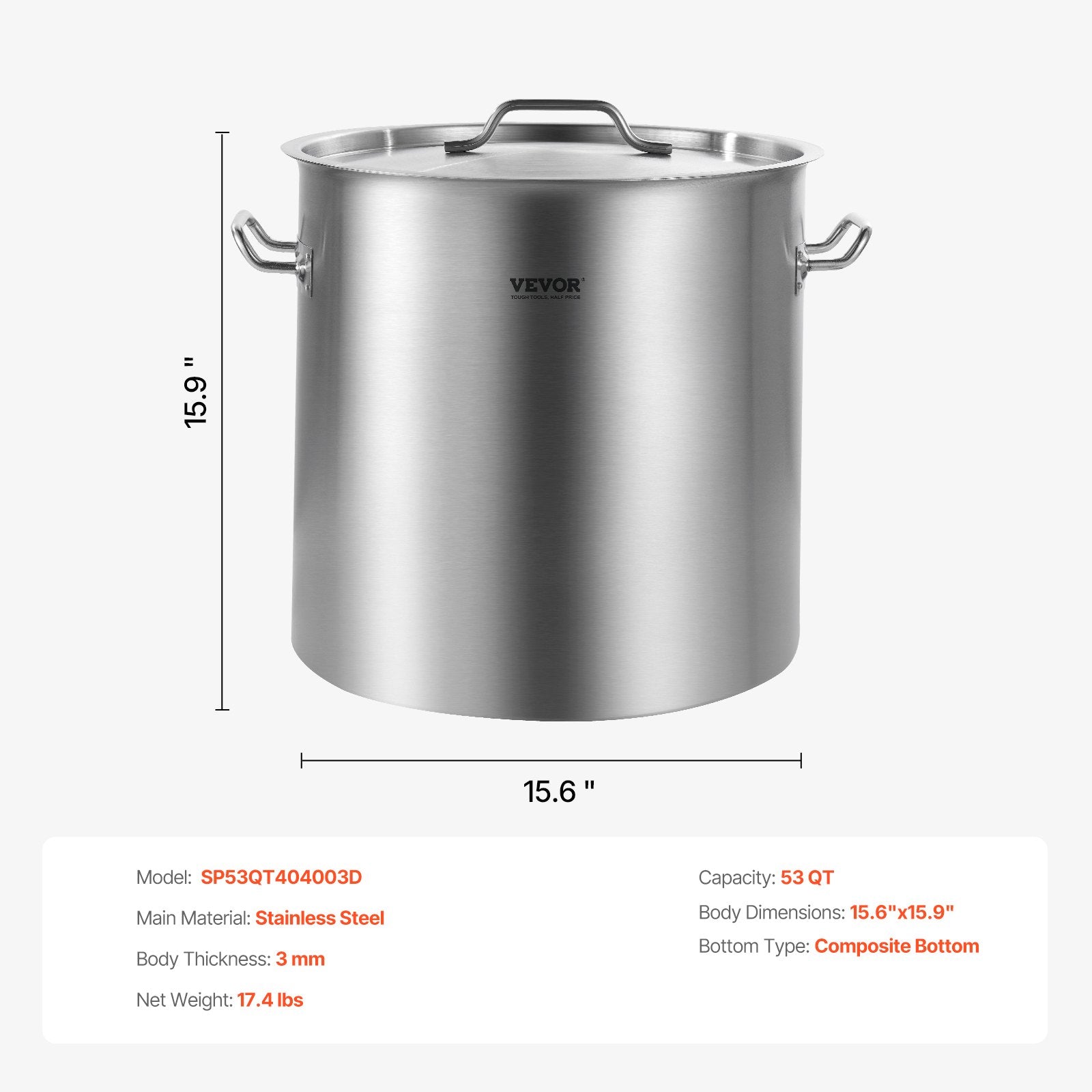 Nerūdijančio plieno puodas VEVOR SP53QT404003D, 50,1 l
