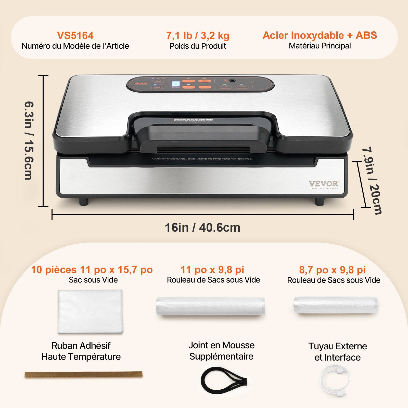 Vakuuminis maisto pakavimo aparatas VEVOR VS5164, 90 kPa