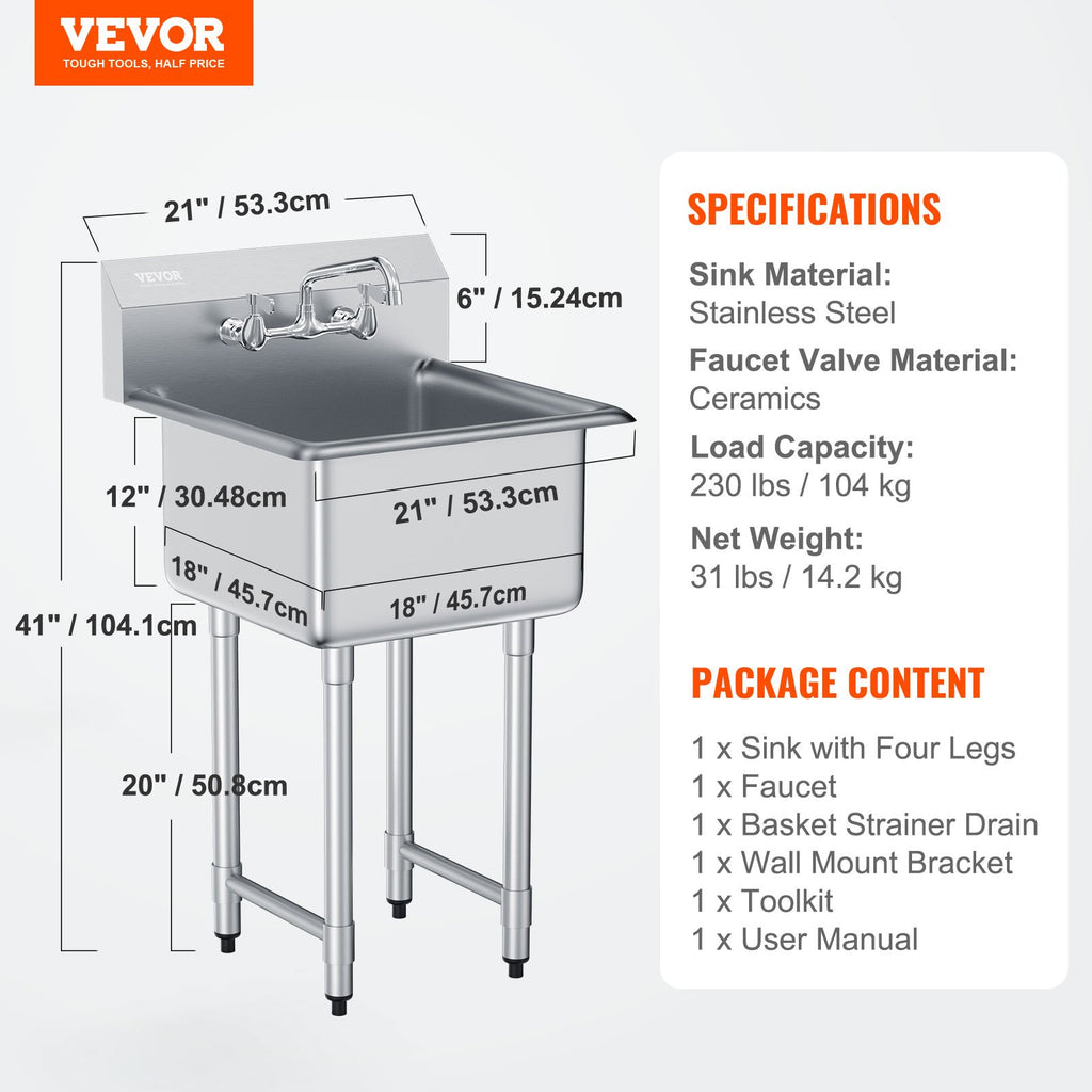 Nerūdijančio plieno plautuvė VEVOR S1C-181812, 533,4 x 1041 mm
