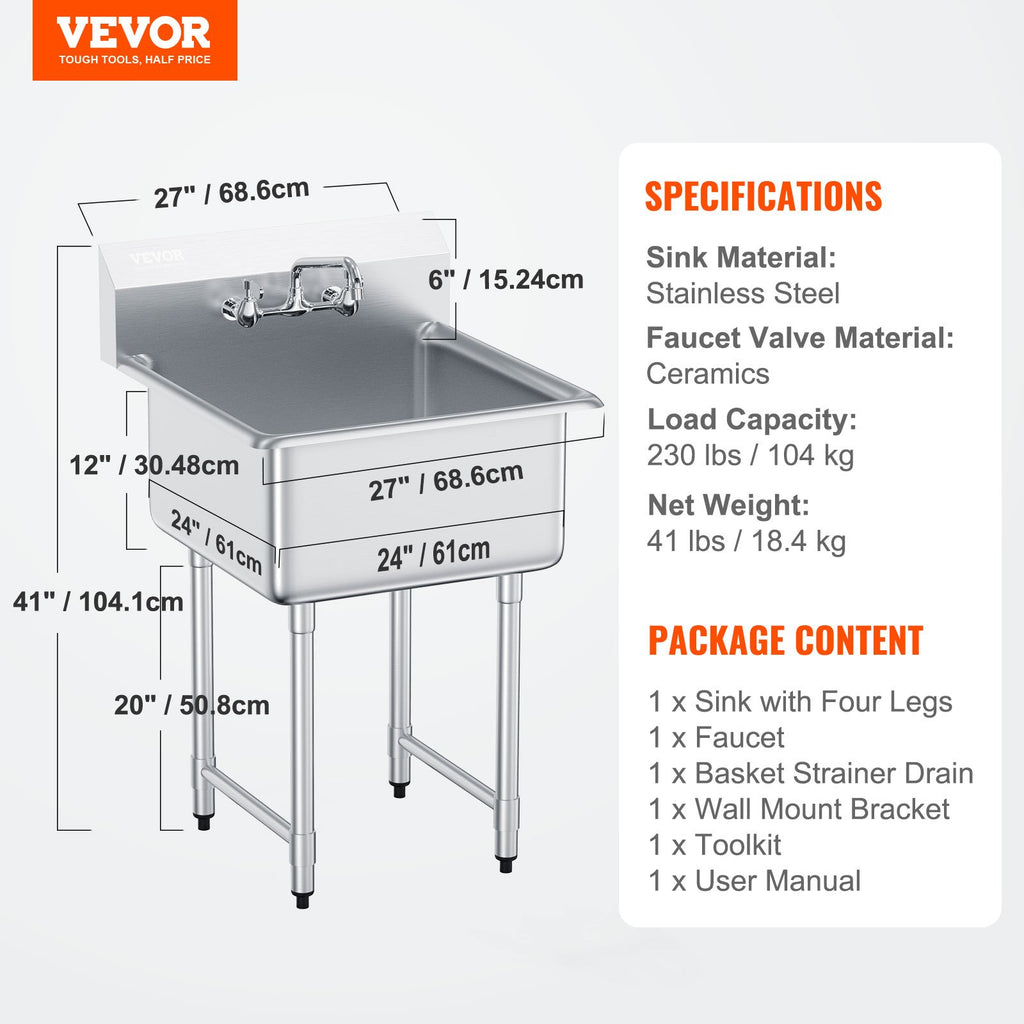 Nerūdijančio plieno plautuvė VEVOR S1C-242413, 686x610x1041 mm