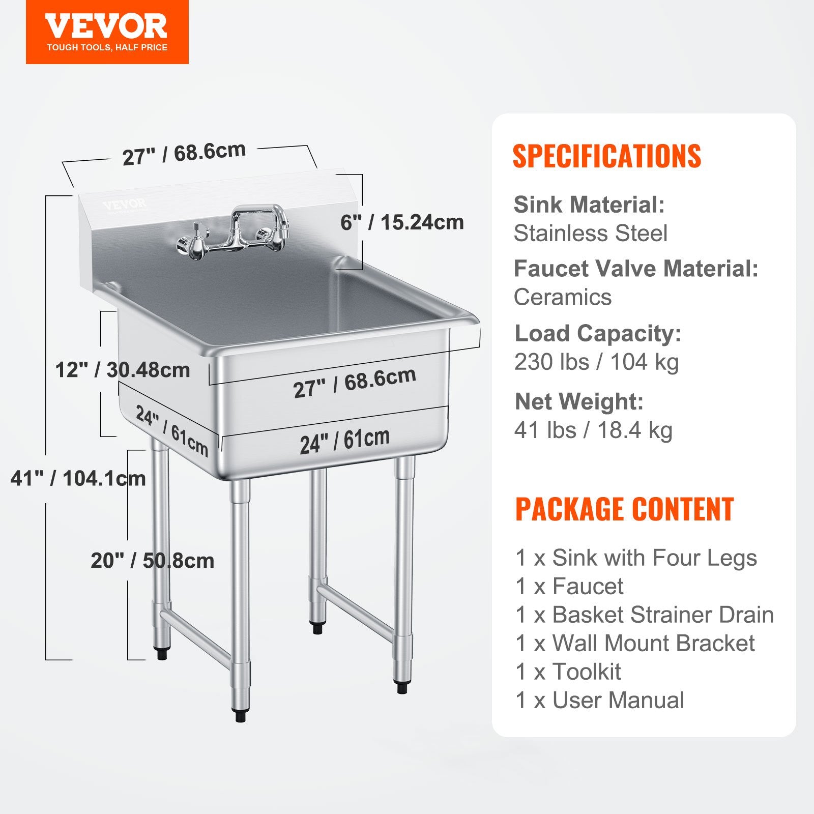 Nerūdijančio plieno plautuvė VEVOR S1C-242413, 686x610x1041 mm