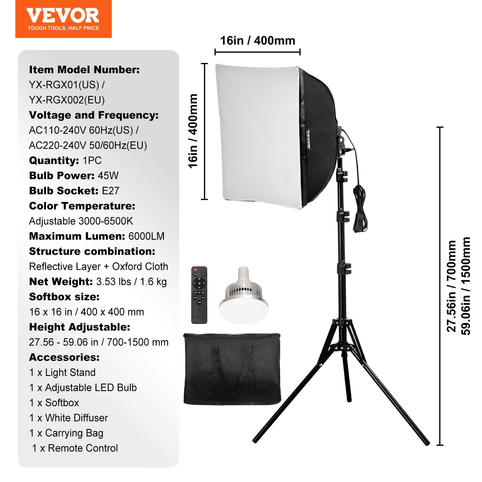 Softbox apšvietimo komplektas VEVOR YX-RGX002, 40x40 cm