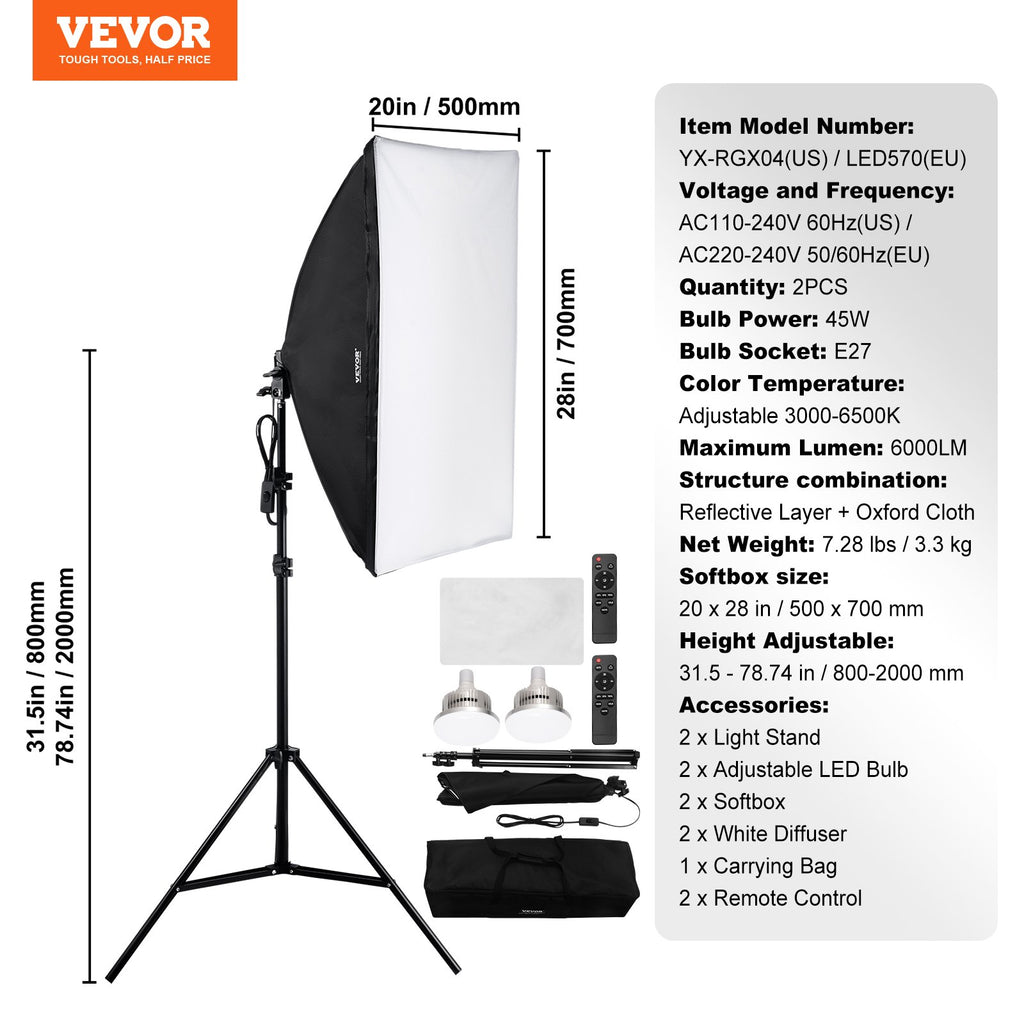Studijinis apšvietimo komplektas VEVOR LED570(EU), 50x70 cm