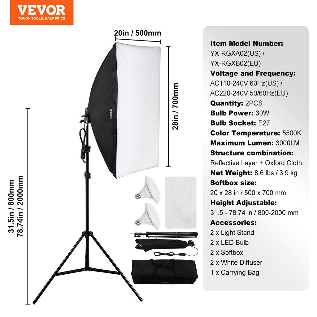 Softbox apšvietimo komplektas VEVOR YX-RGXB02(EU), 50x70 cm