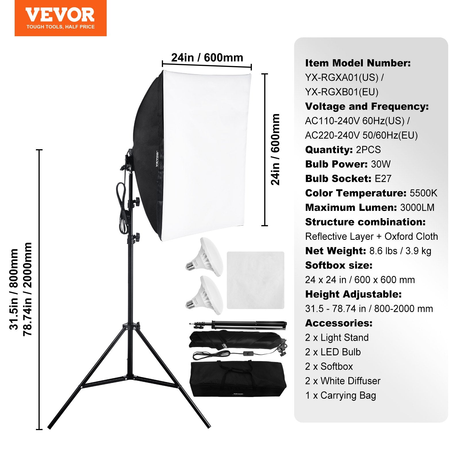 Minkštos šviesos dėžių rinkinys (Softbox) VEVOR YX-RGXB01, 60x60 cm