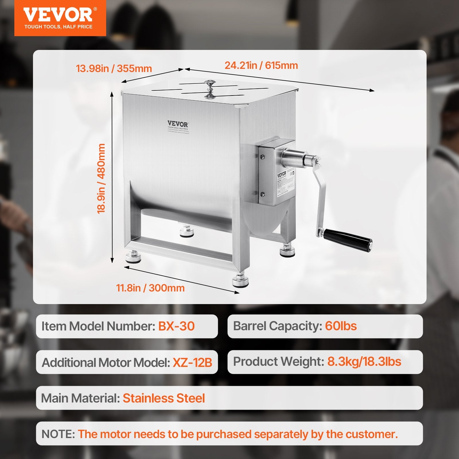 Rankinė mėsos maišyklė VEVOR BX-30, 30 l