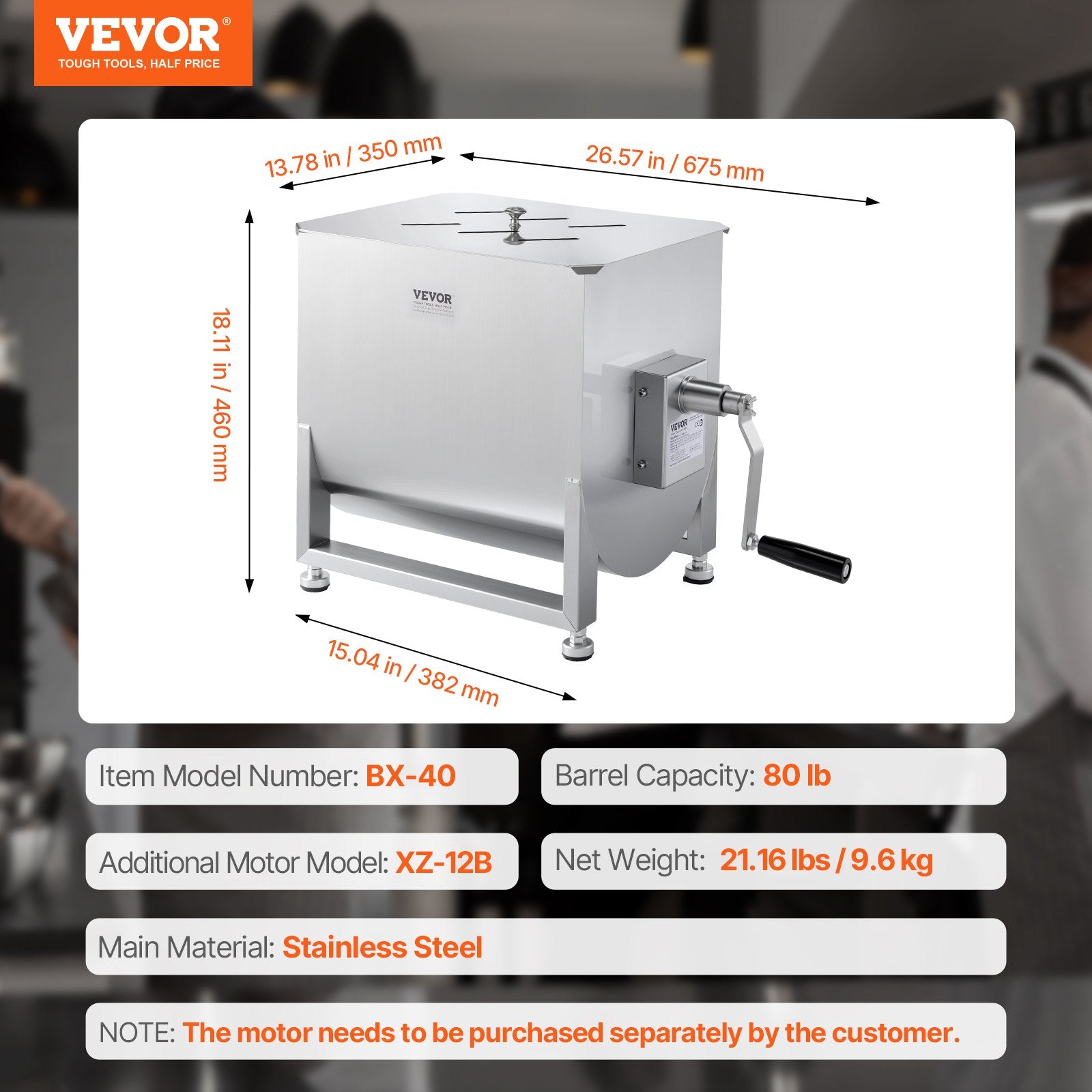 Rankinė mėsos maišyklė VEVOR BX-40, 40 l talpa