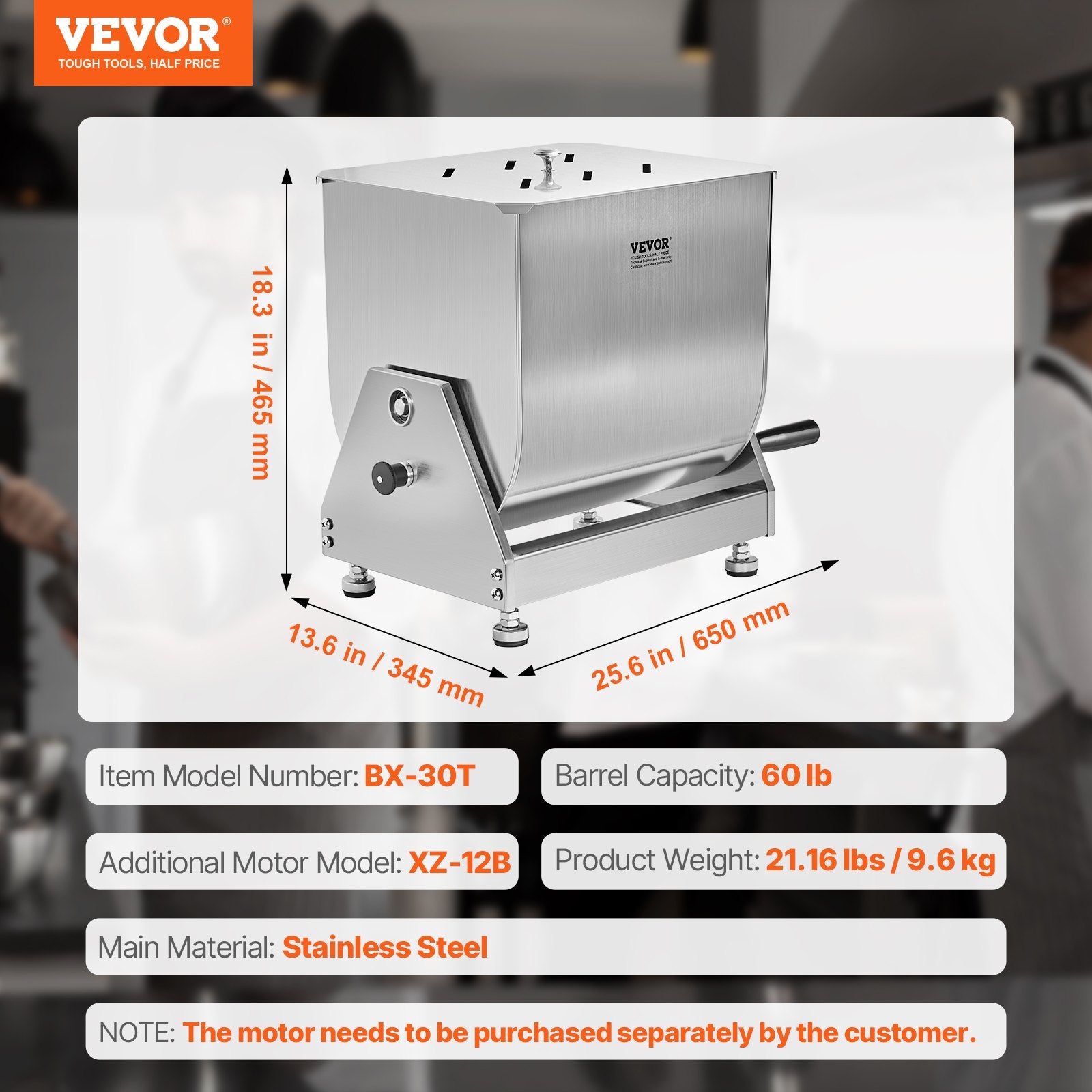 Rankinė mėsos maišyklė VEVOR BX-30T, 30 l talpa