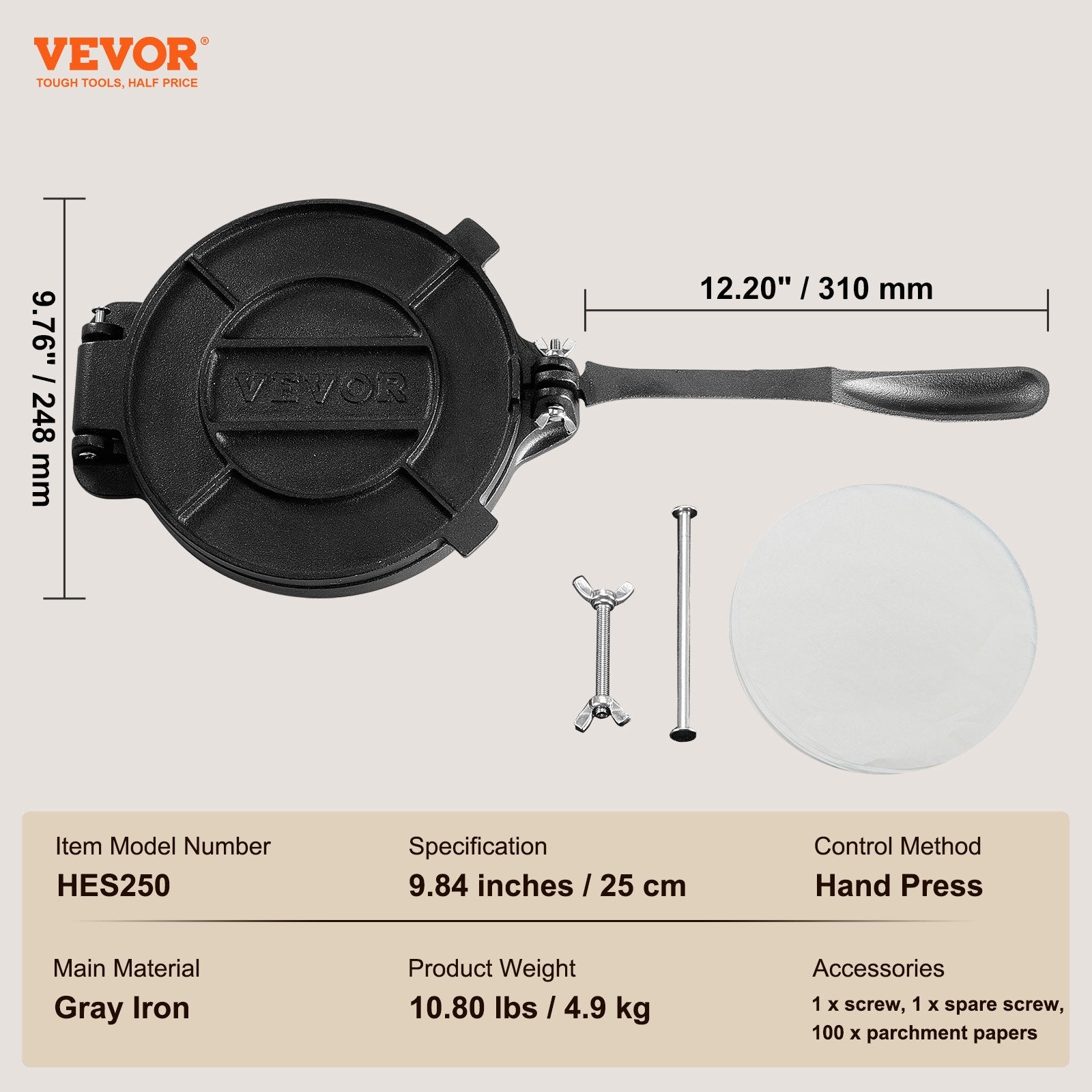 Tortilijų presas VEVOR HES250, 25 cm