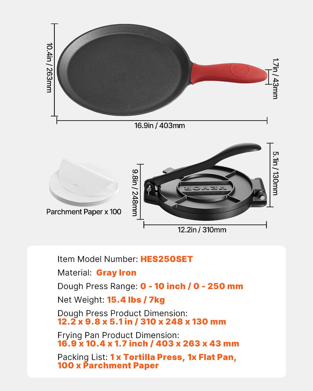 Tortilijų presas VEVOR HES250SET, 25 cm
