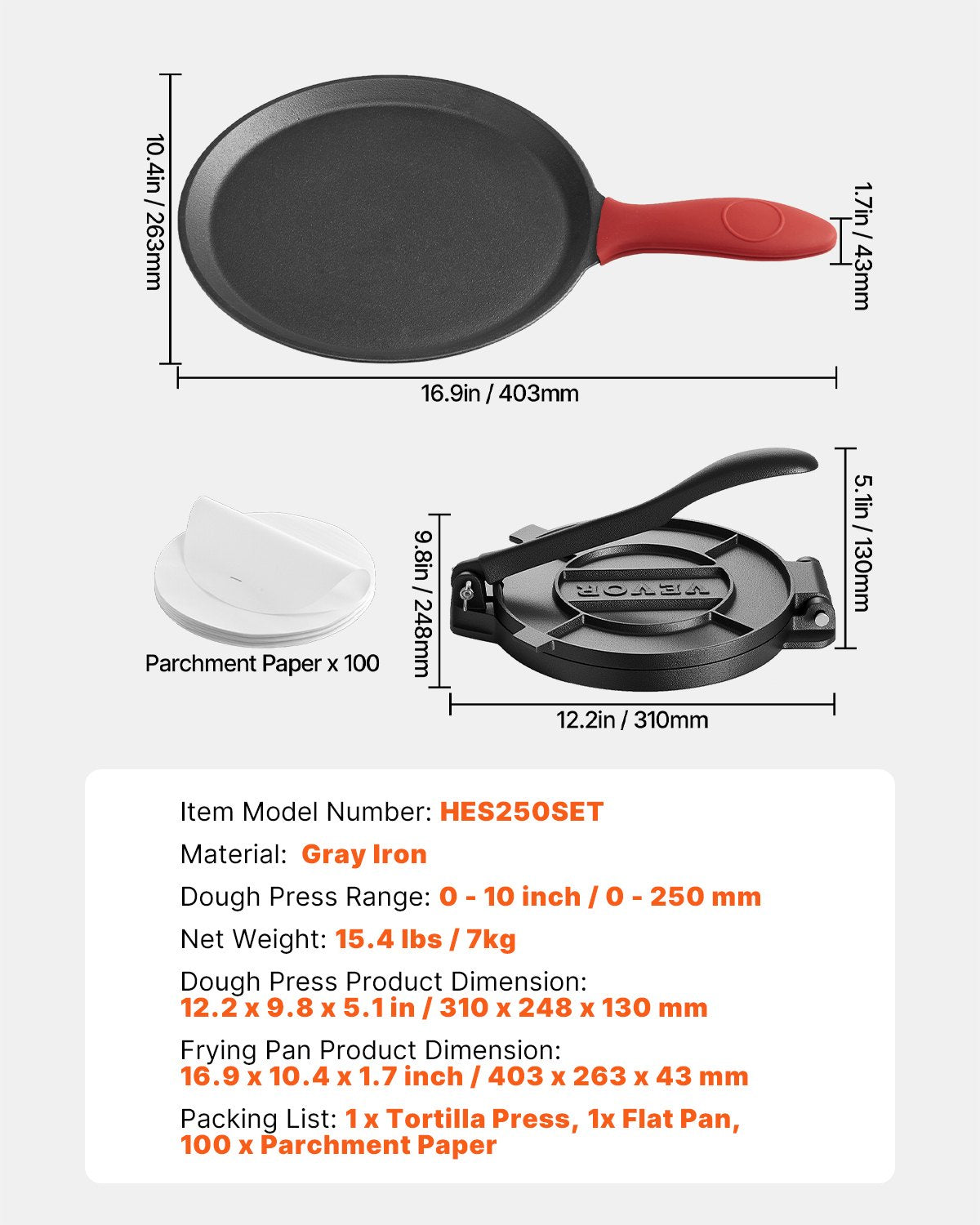 Tortilijų presas VEVOR HES250SET, 25 cm