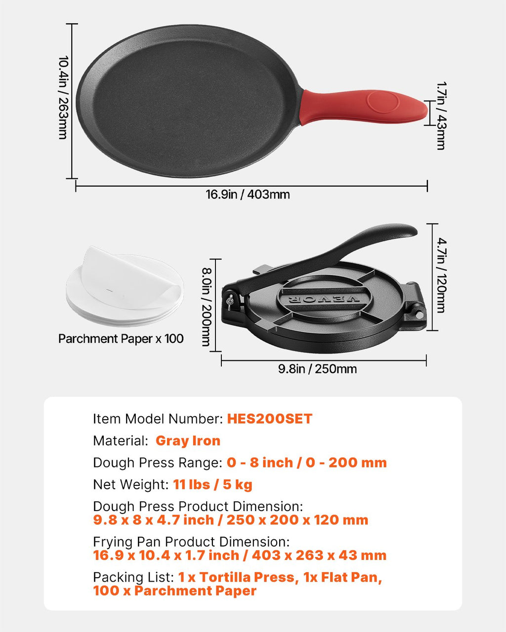 Tortilijų presas VEVOR HES200SET, 20 cm skersmens
